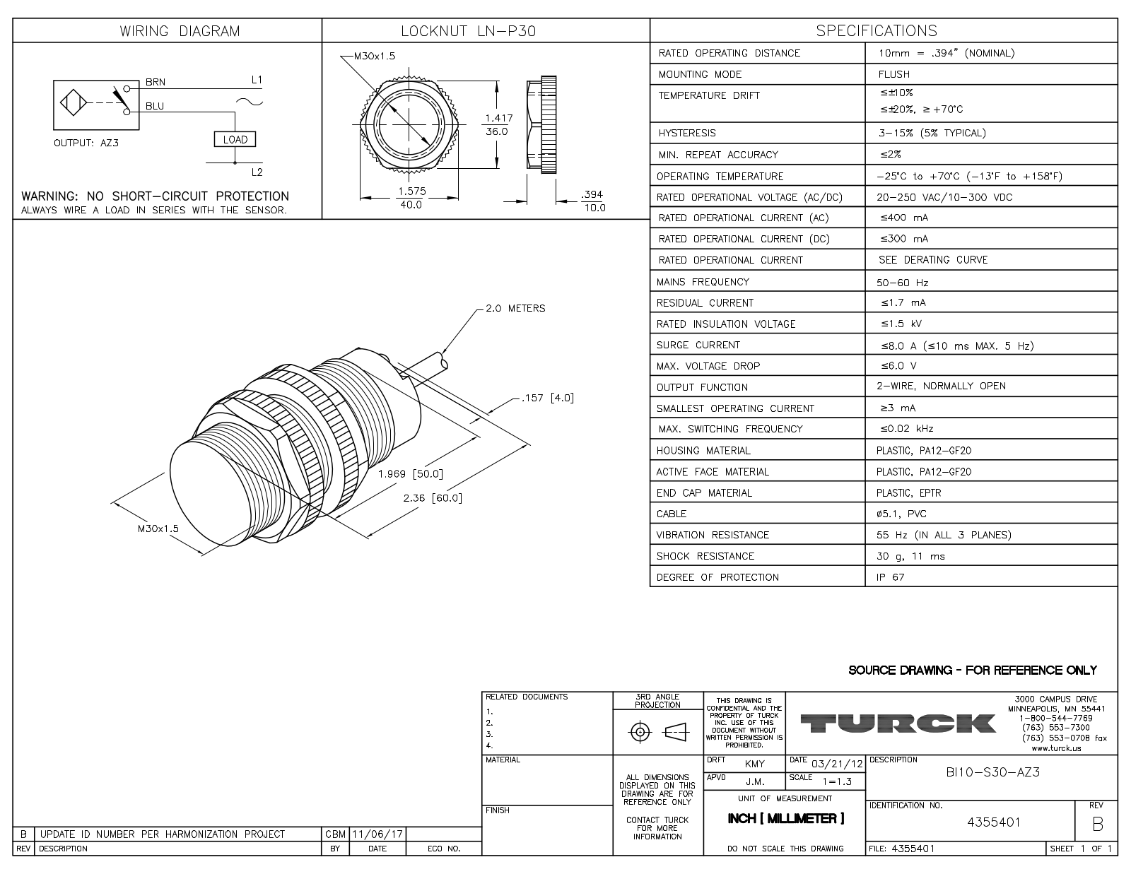 Turck BI10-S30-AZ3 Data Sheet