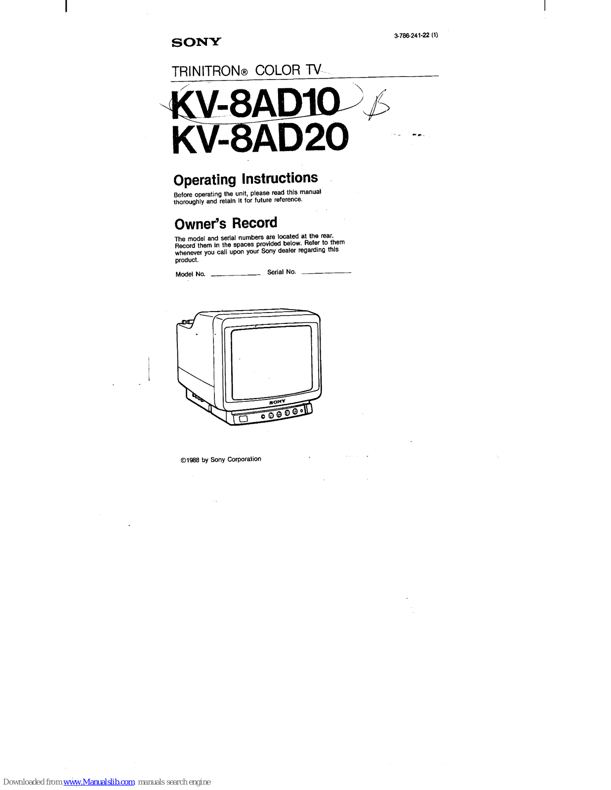 Sony Trinitron KV-8AD10, Trinitron KV-8AD20 Operating Instructions Manual