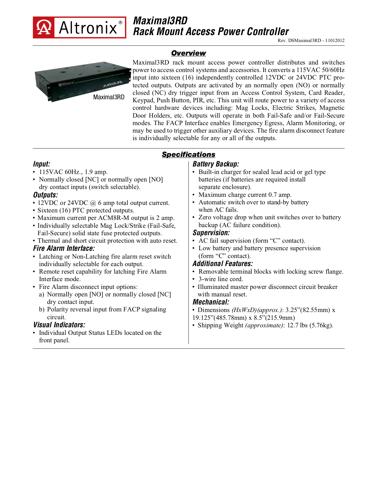 Altronix MAXIMAL3RD Specsheet