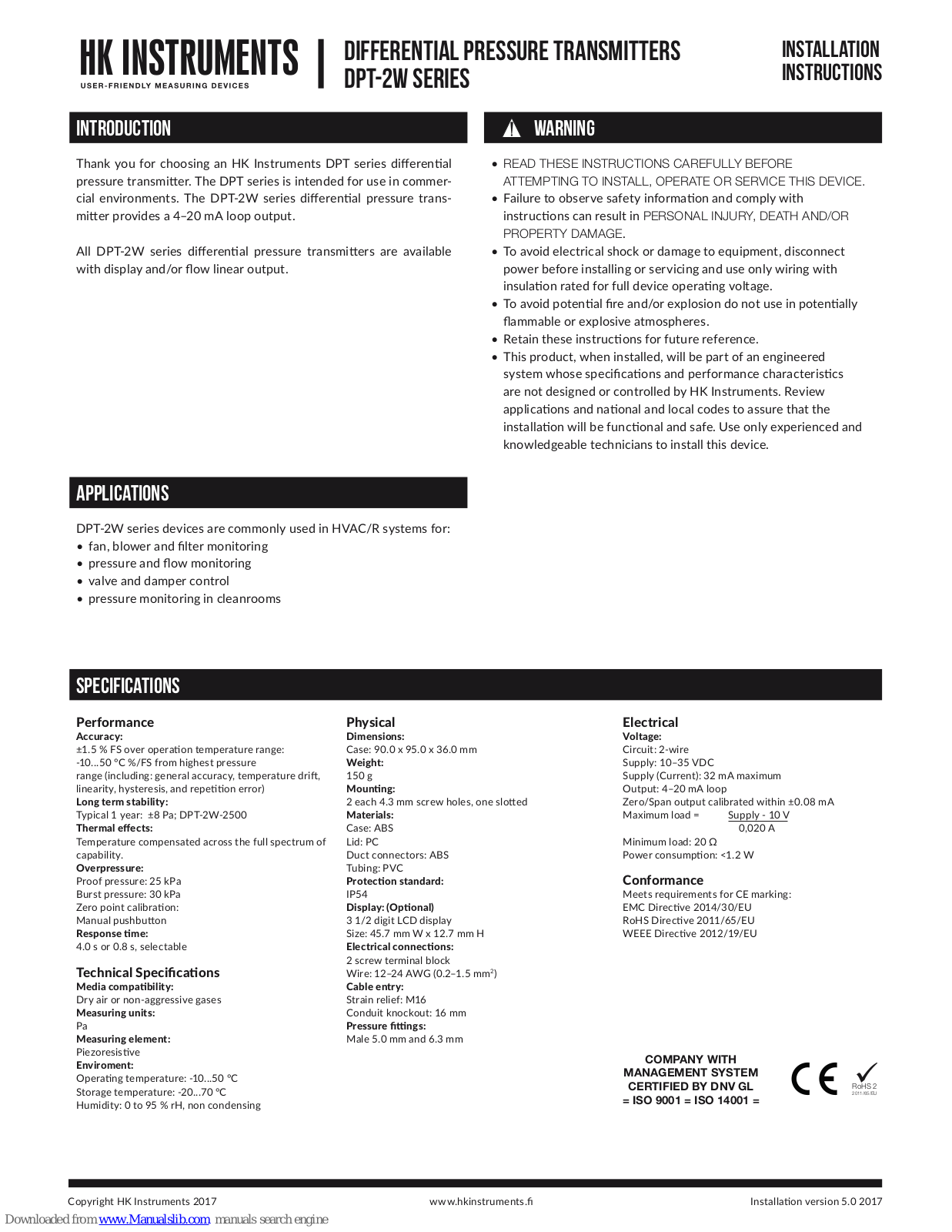 HK Instruments DPT-2W-100-R2, DPT-2W-250-R2, DPT-2W-500-R2, DPT-2W-1000-R2, DPT-2W-2500-R2 Installation Instructions Manual