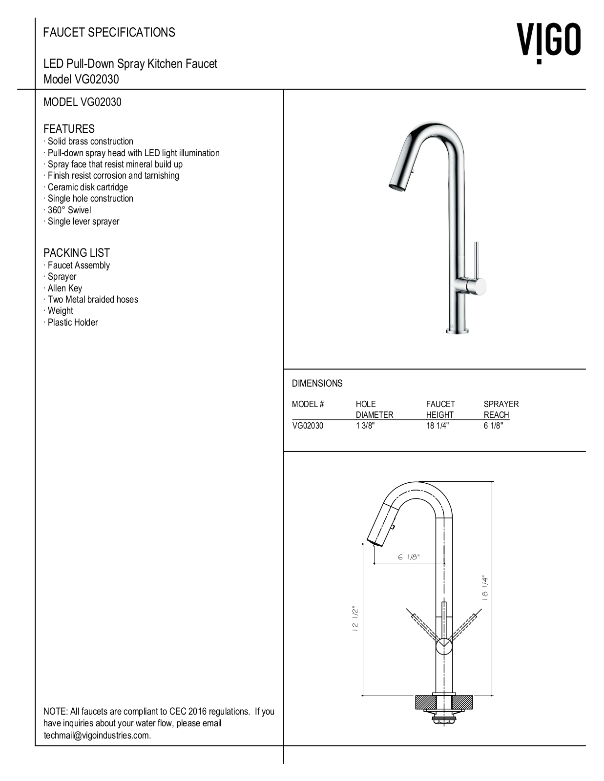 Vigo VG02030ST, VG02030CH, VG02030STK2, VG02030STK1, VG02030CHK2 Specifications