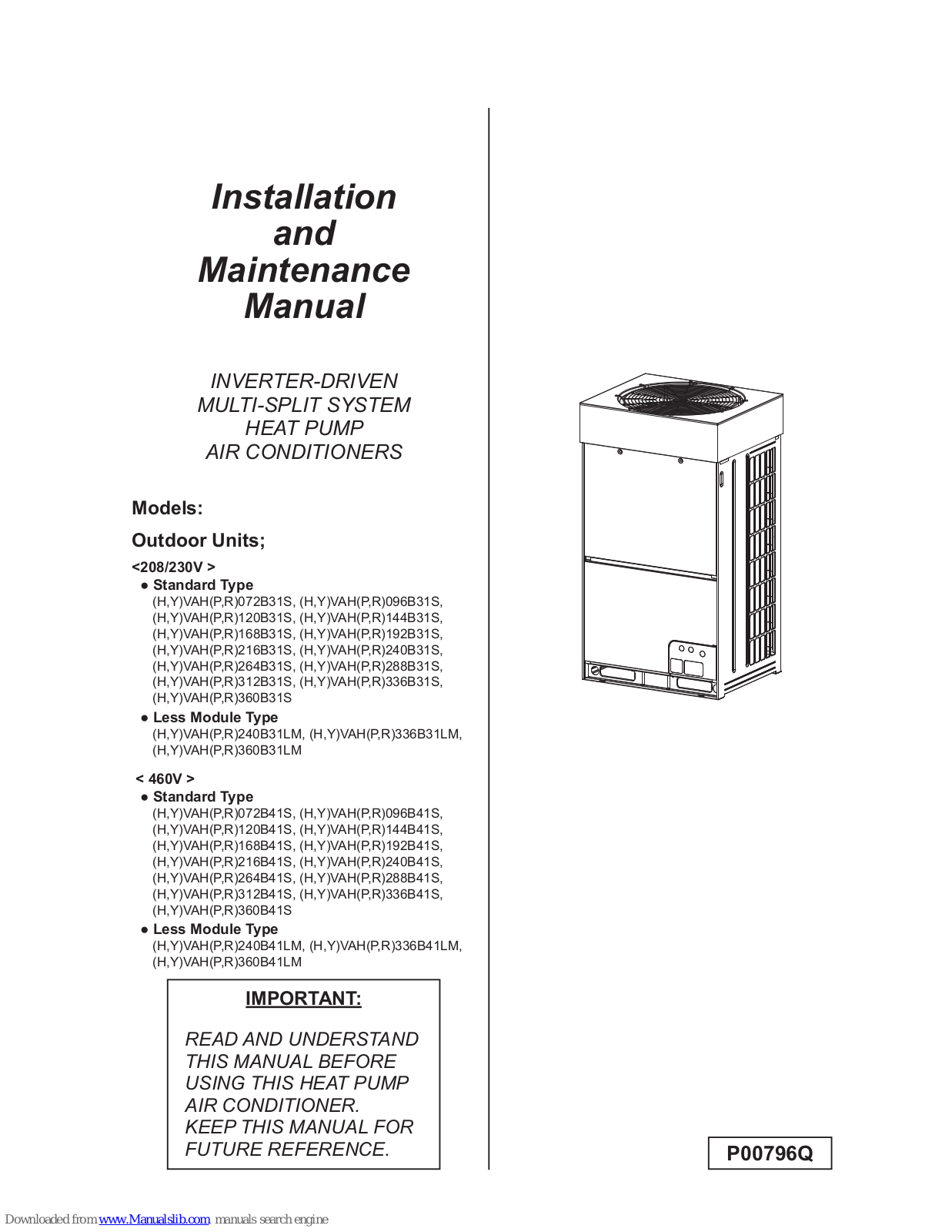 Johnson Controls HVAHP072B31S, HVAHP096B31S, HVAHP120B31S, HVAHP144B31S, HVAHP168B31S Installation And Maintenance Manual