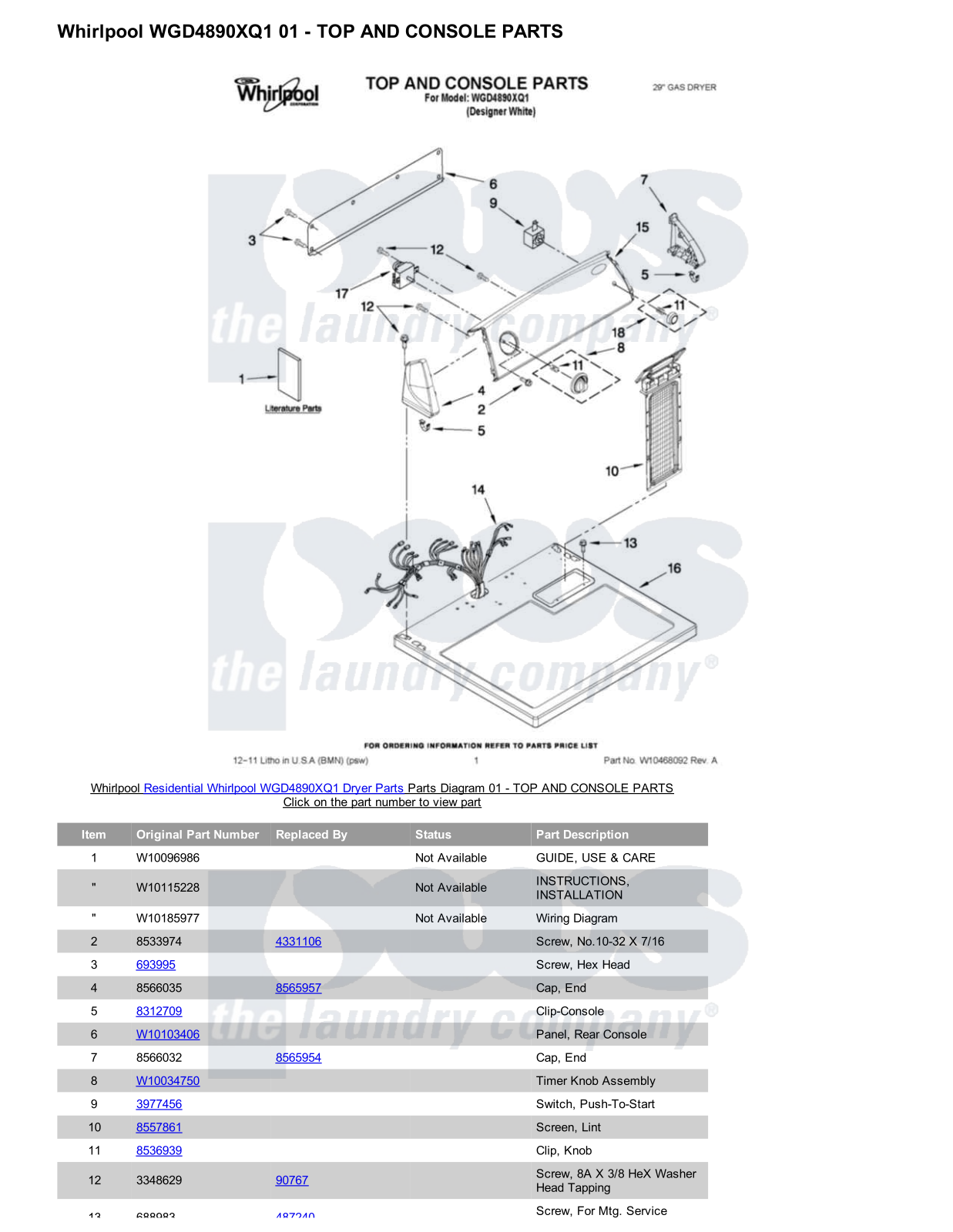 Whirlpool WGD4890XQ1 Parts Diagram