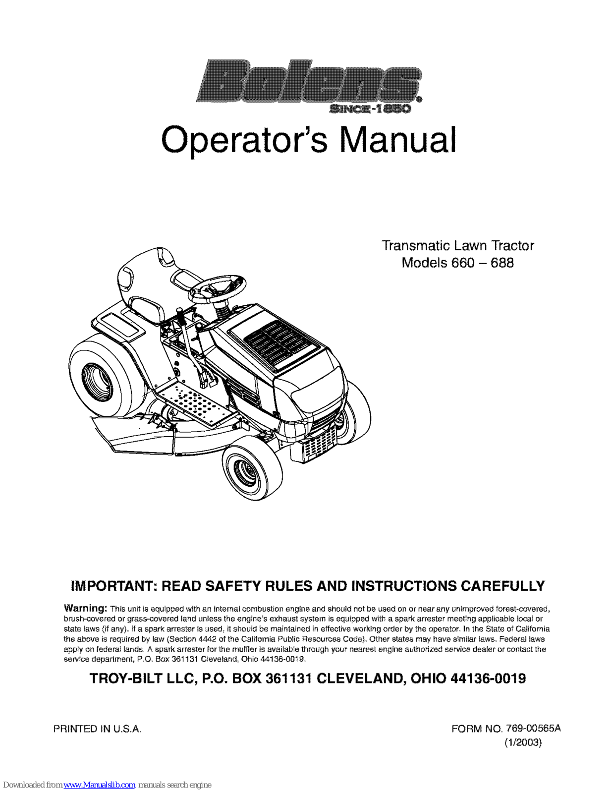 Bolens TRANSMATIC LAWN TRACTOR 660, 688 Operator's Manual - ManualMachine.com