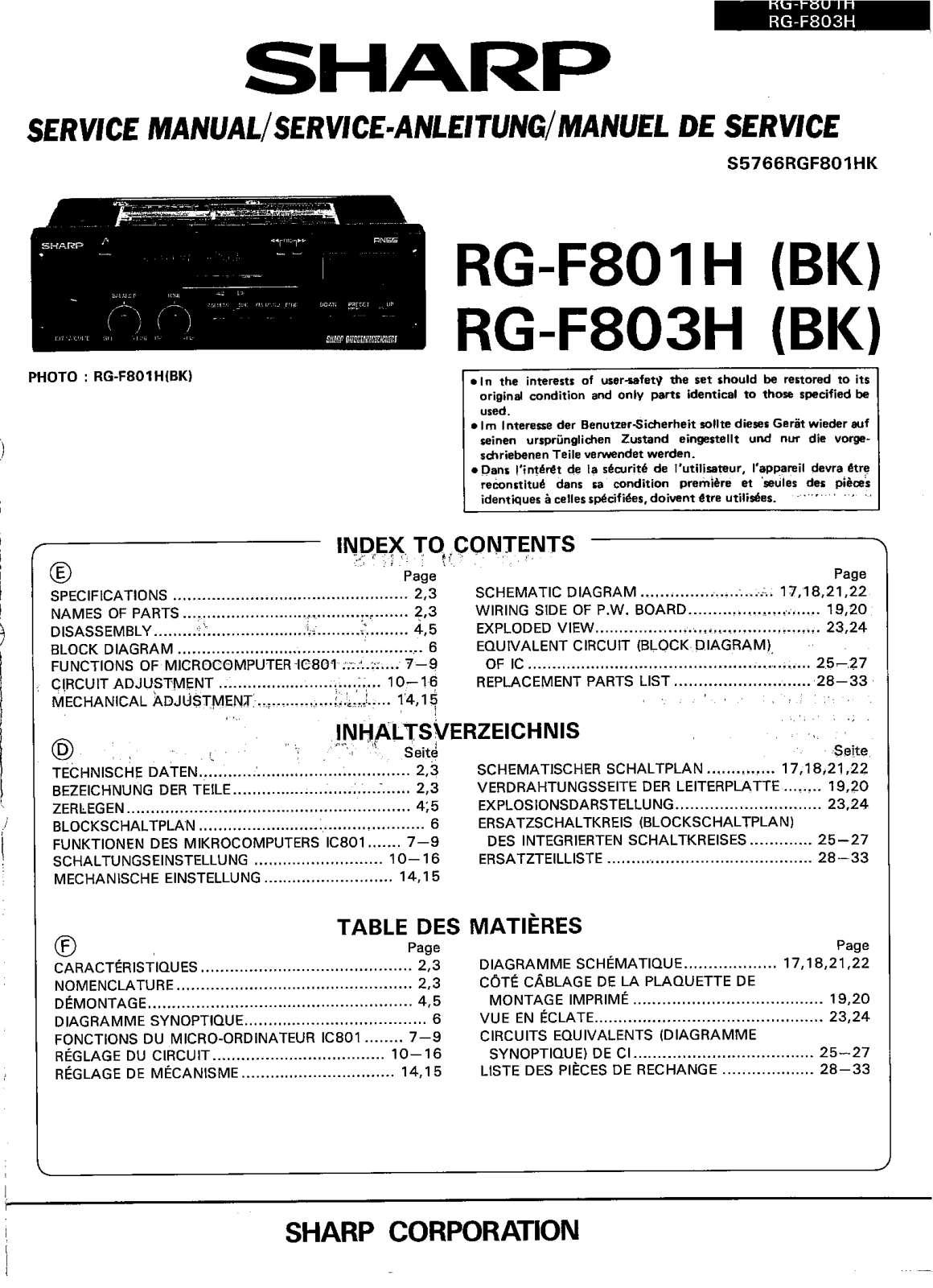 Sharp RGF-803-H, RGF-801-H Service manual