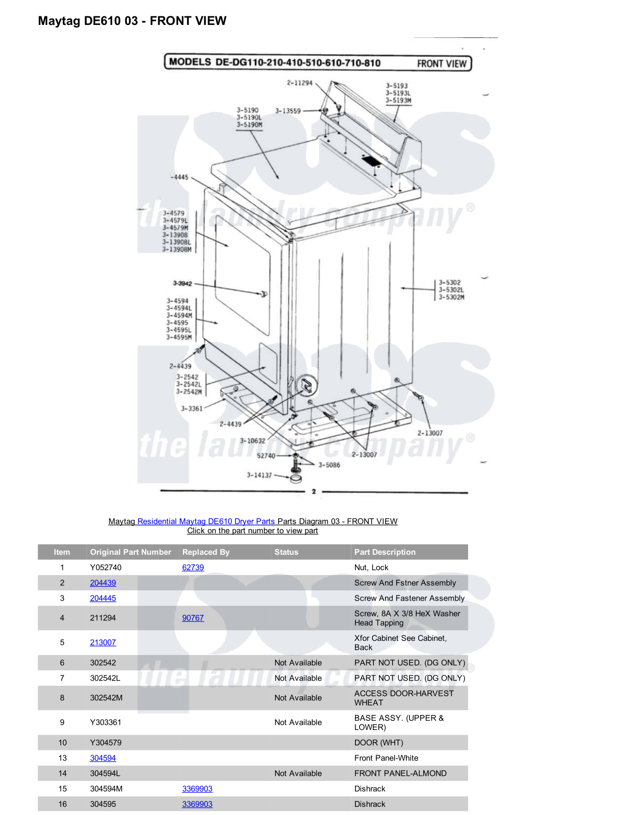 Maytag DE610 Parts Diagram