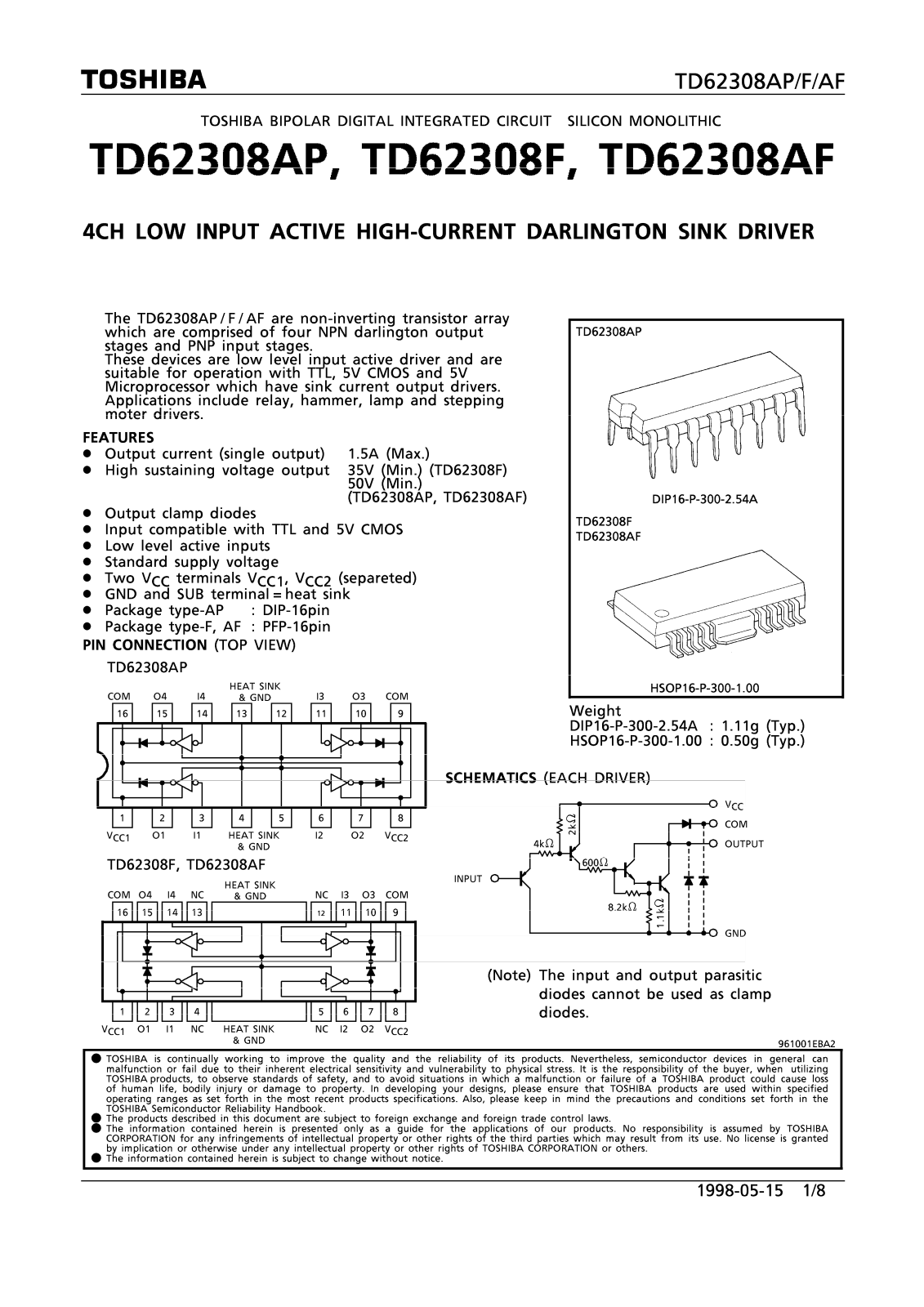 Datasheet TD62308AP, TD62308F, TD62308AF Specification - ManualMachine.com
