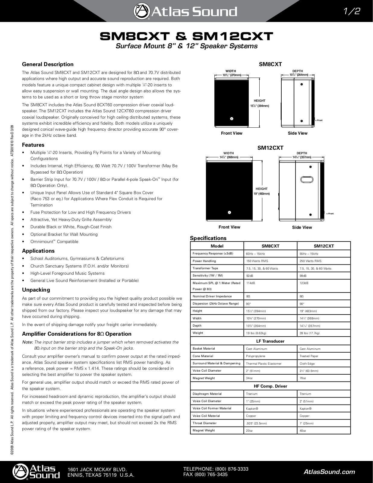 Atlas Sound SM8CXT, SM12CXT Users Guide - ManualMachine.com