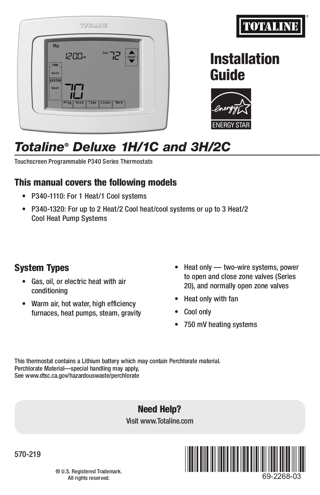 TOTALINE Deluxe 1H, Deluxe 1C, Deluxe 3H, Deluxe 2C, Deluxe 1H/1C Installation Manual