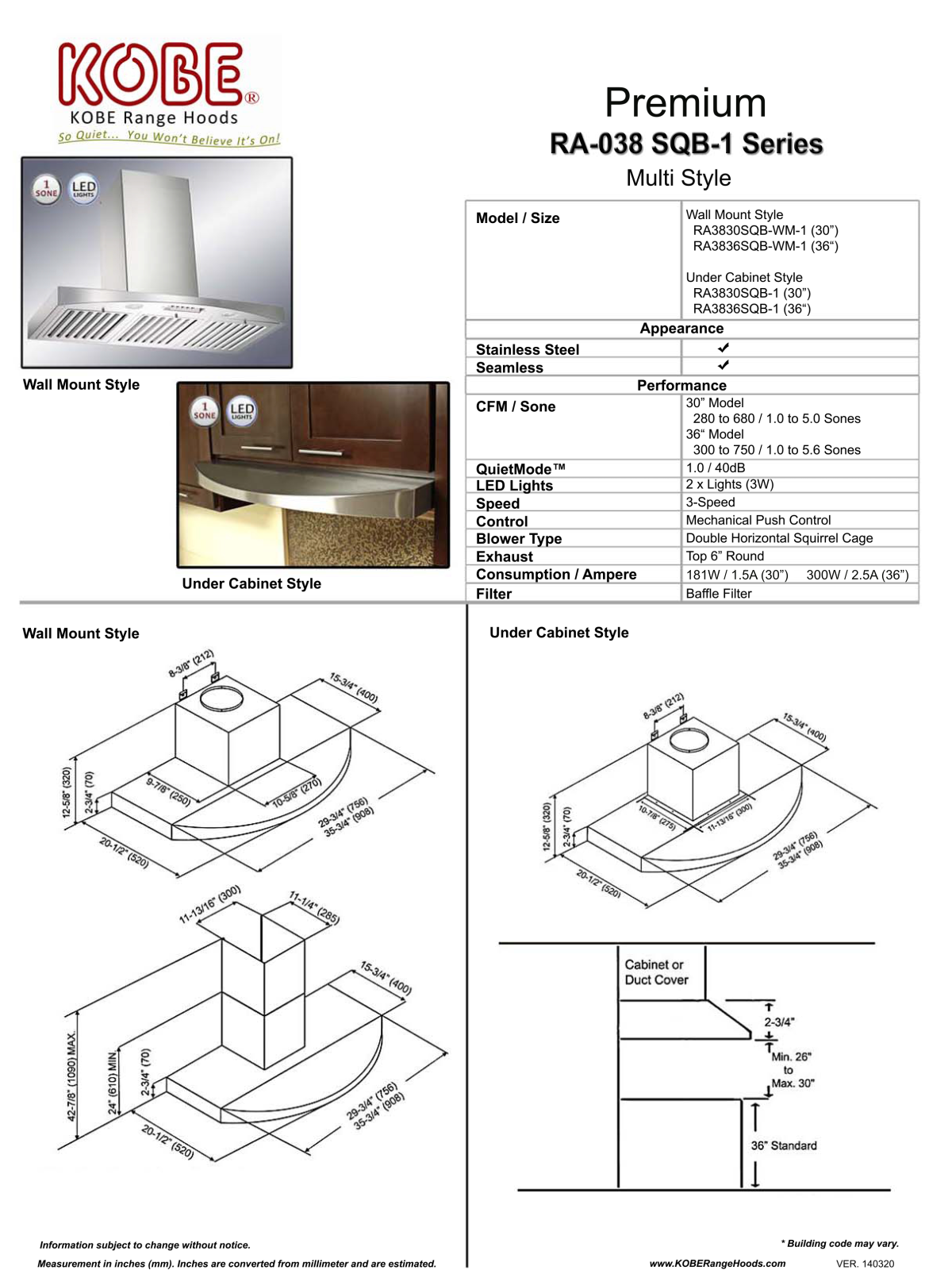 Kobe RA3836SQB1, RA3830SQB1, RA3830SQBWM1 PRODUCT SPECIFICATIONS