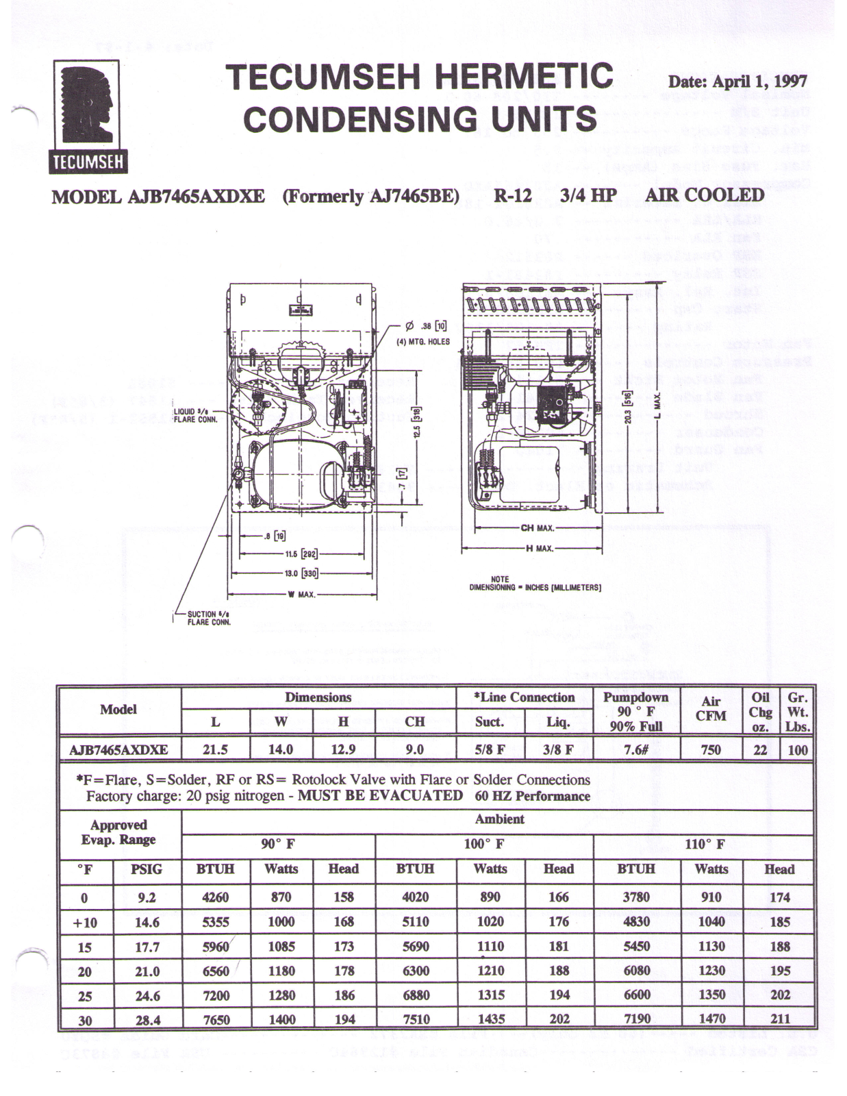 Tecumseh AJB7465AXDXE Performance Data Sheet