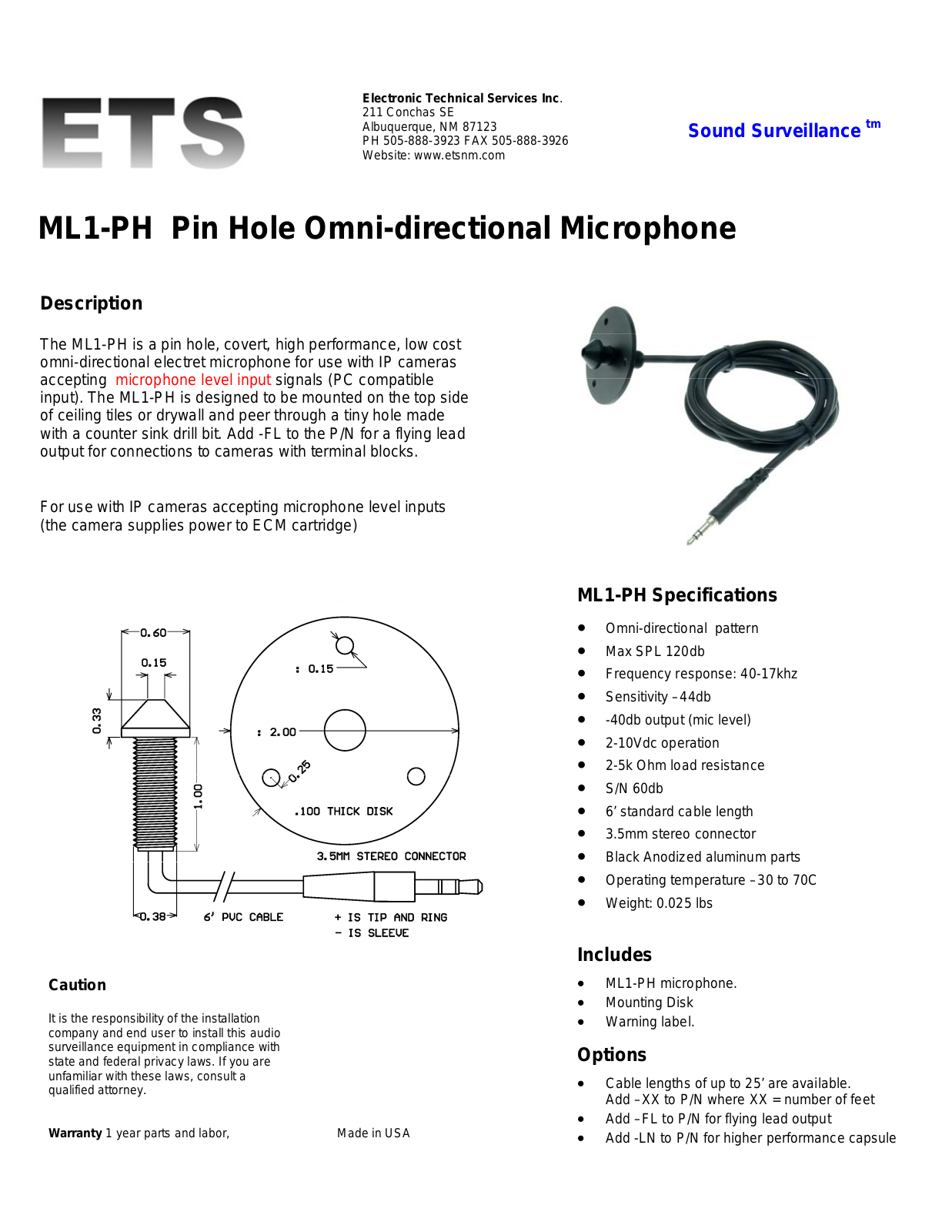 ETS ML1-PH Specsheet