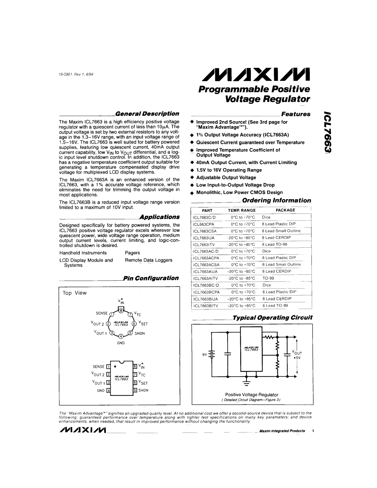 Maxim Integrated Producs ICL7663ACD, ICL7663ACPA, ICL7663ACSA, ICL7663ITV, ICL7663AIJA Datasheet