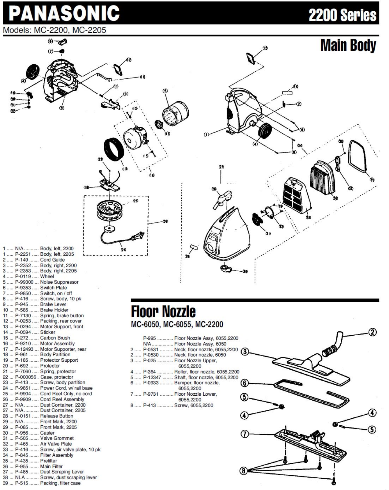 Panasonic 2200 Parts List