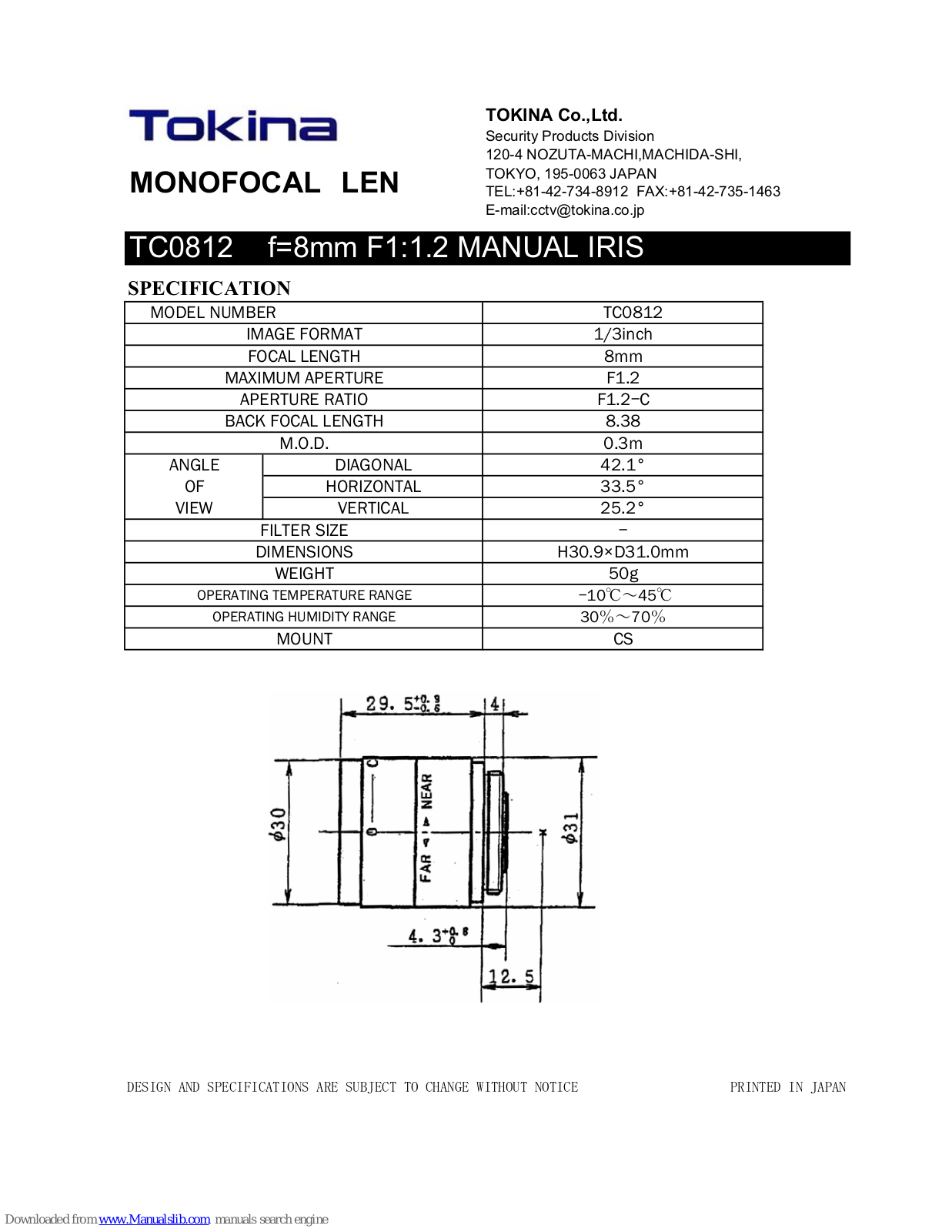 Tokina Monofocal Len TC0812, TC0812 Specification