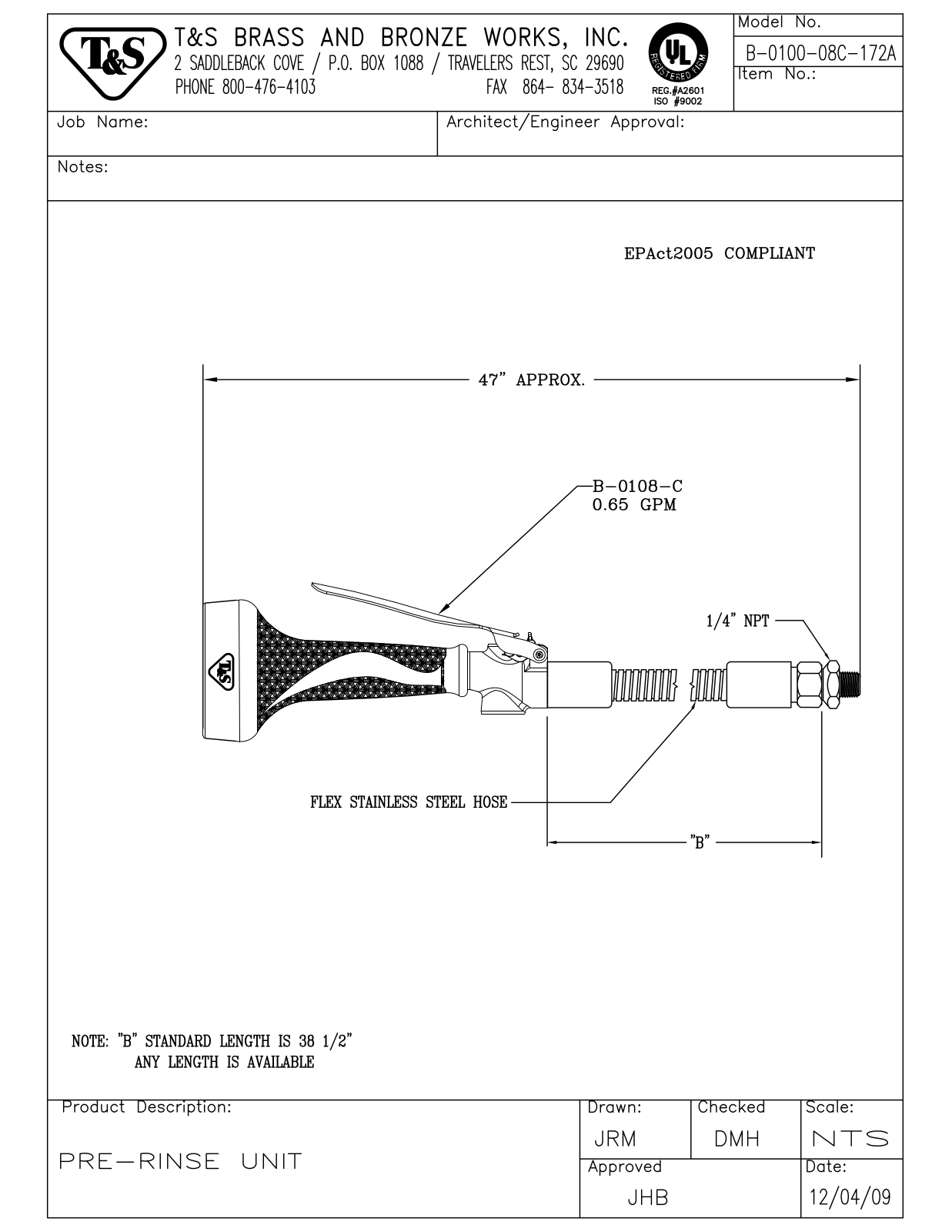 T&S Brass B-0100-08C-172A User Manual