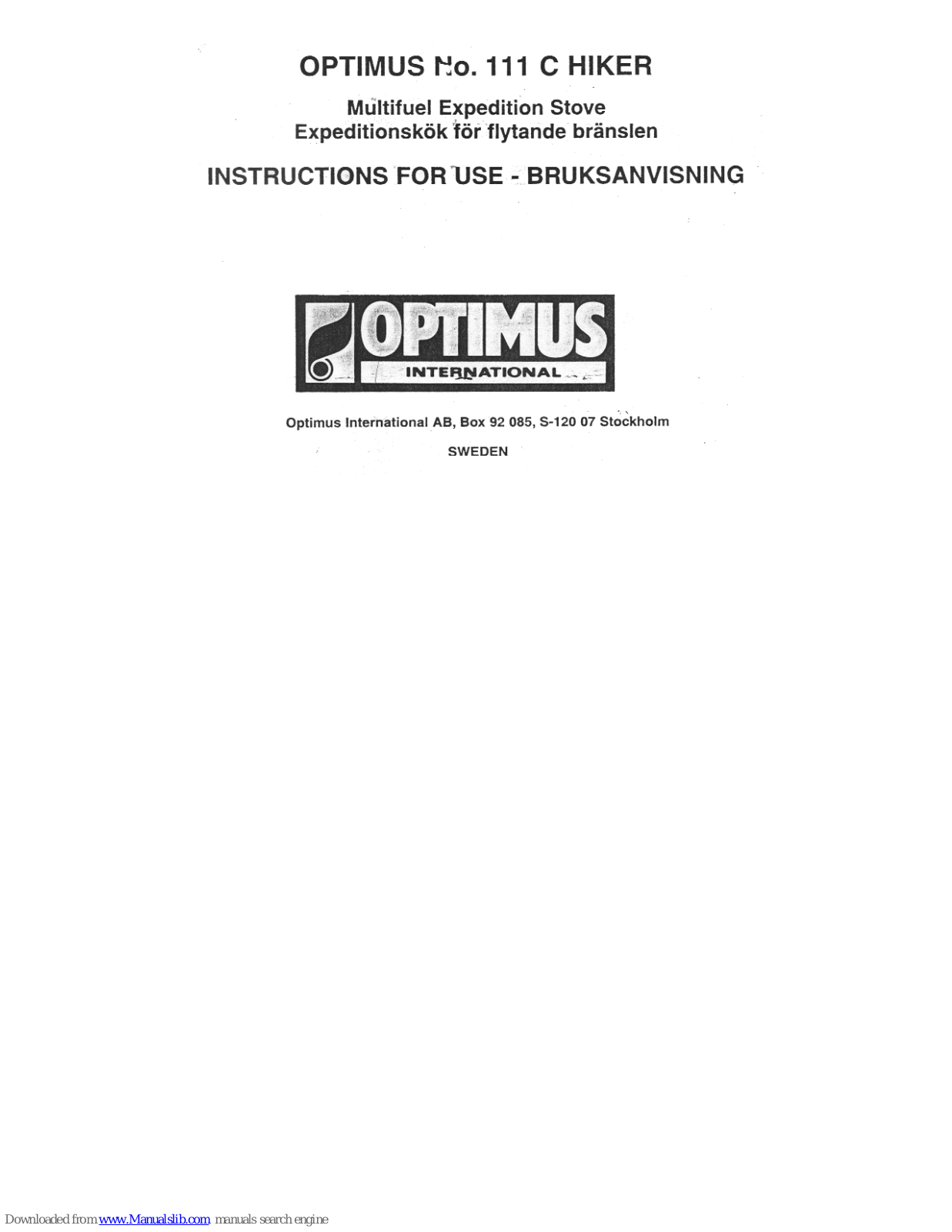 Optimus Hiker, 111 C Hiker Instruction Manual