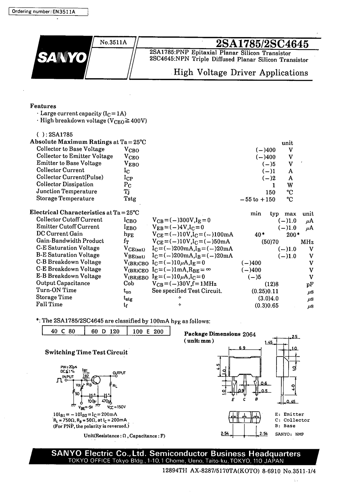 SANYO 2SC4645, 2SA1785 Datasheet