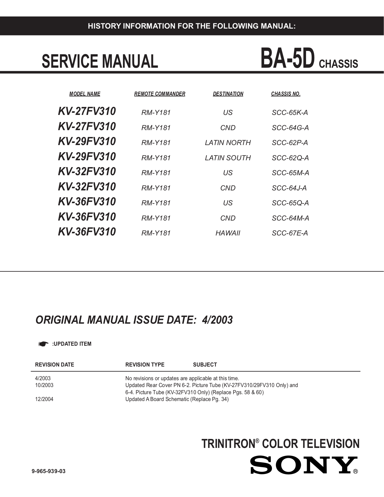 Sony KV-27FV310, KV-29FV310, KV-32FV310, KV-36FV310 Service Manual