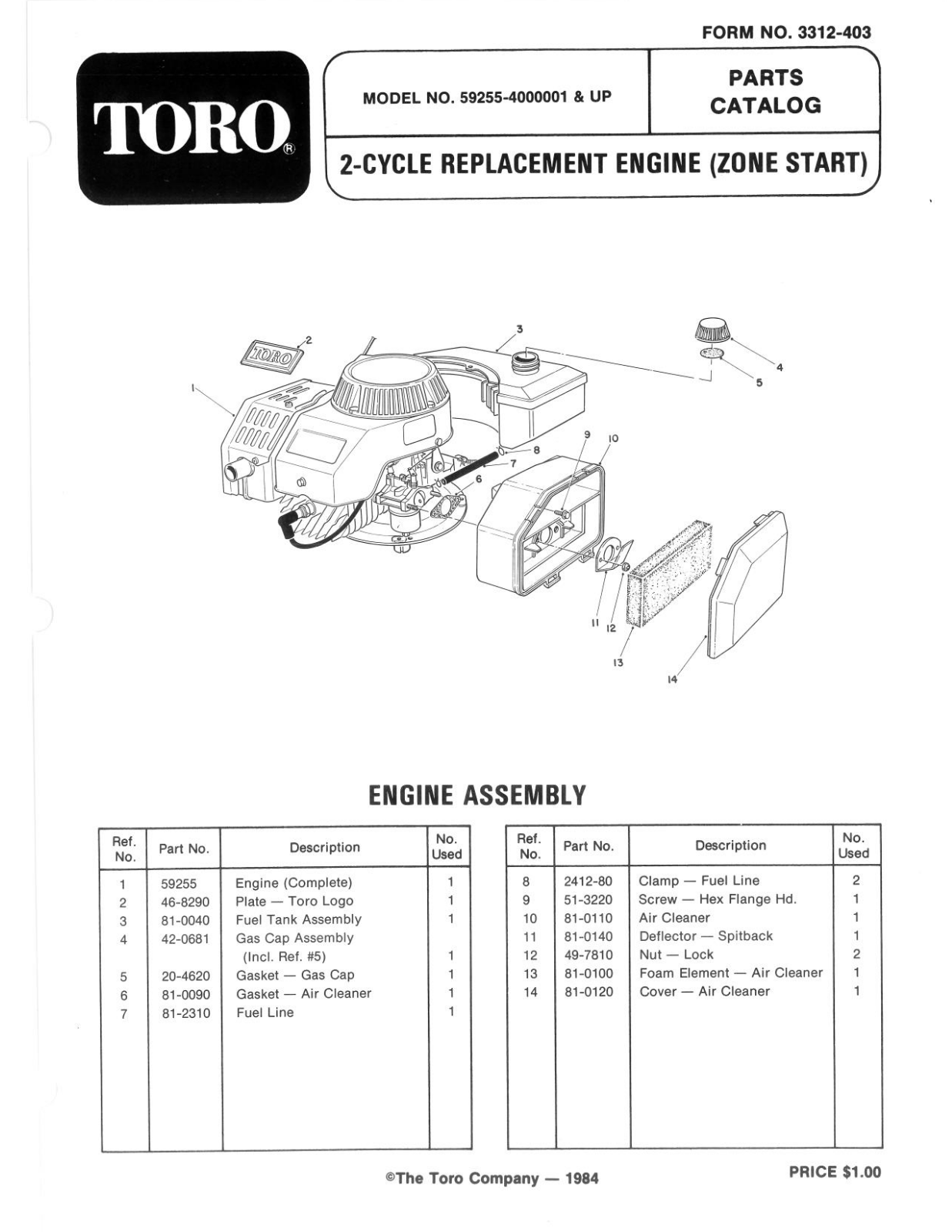 Toro 59255 Parts Catalogue