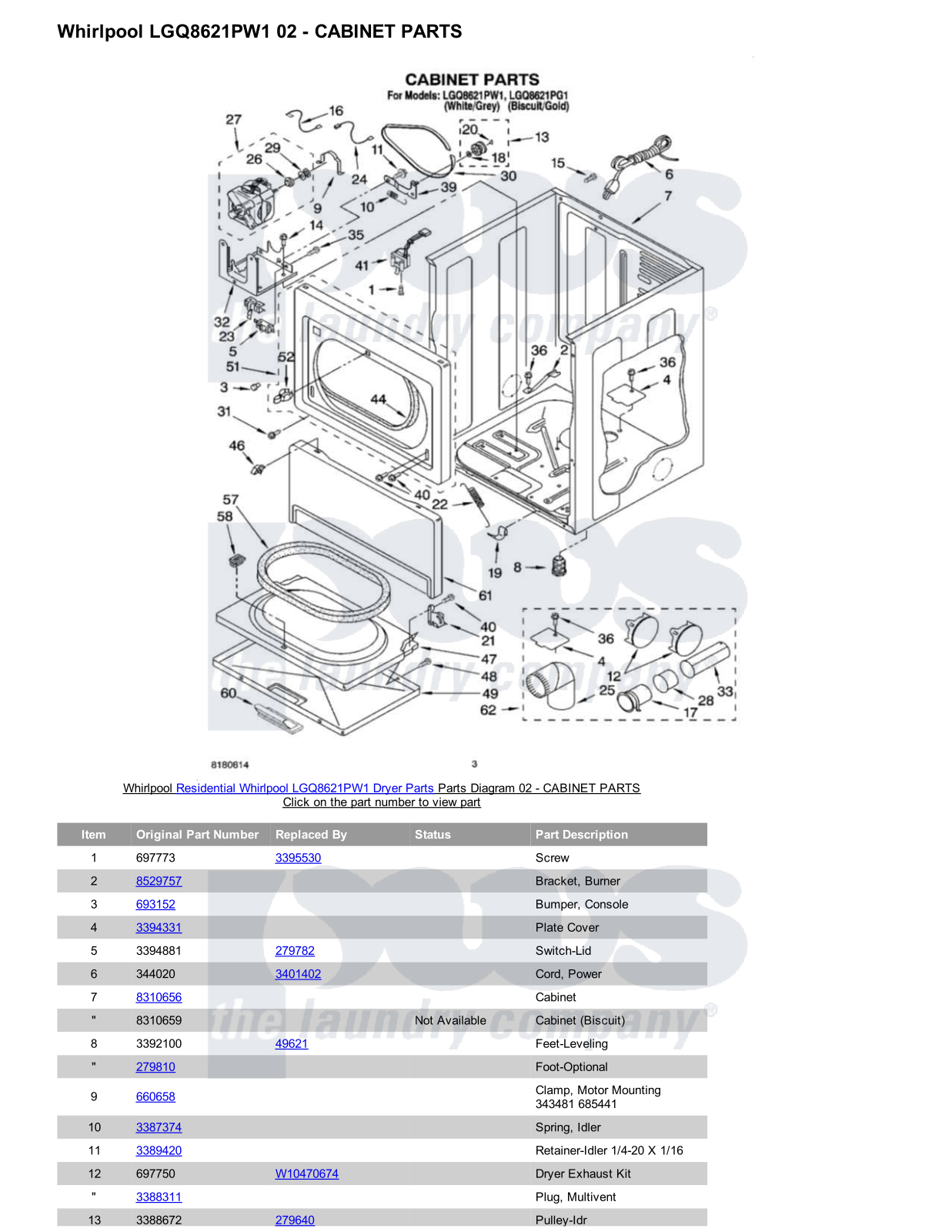 Whirlpool LGQ8621PW1 Parts Diagram