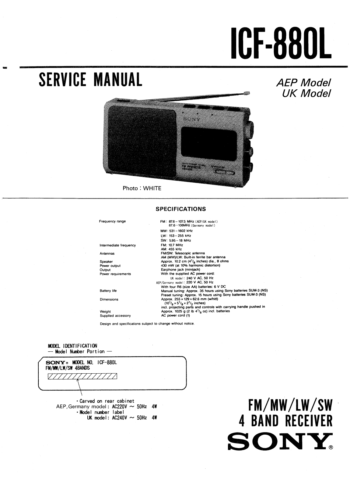 Sony ICF-880-L Service manual