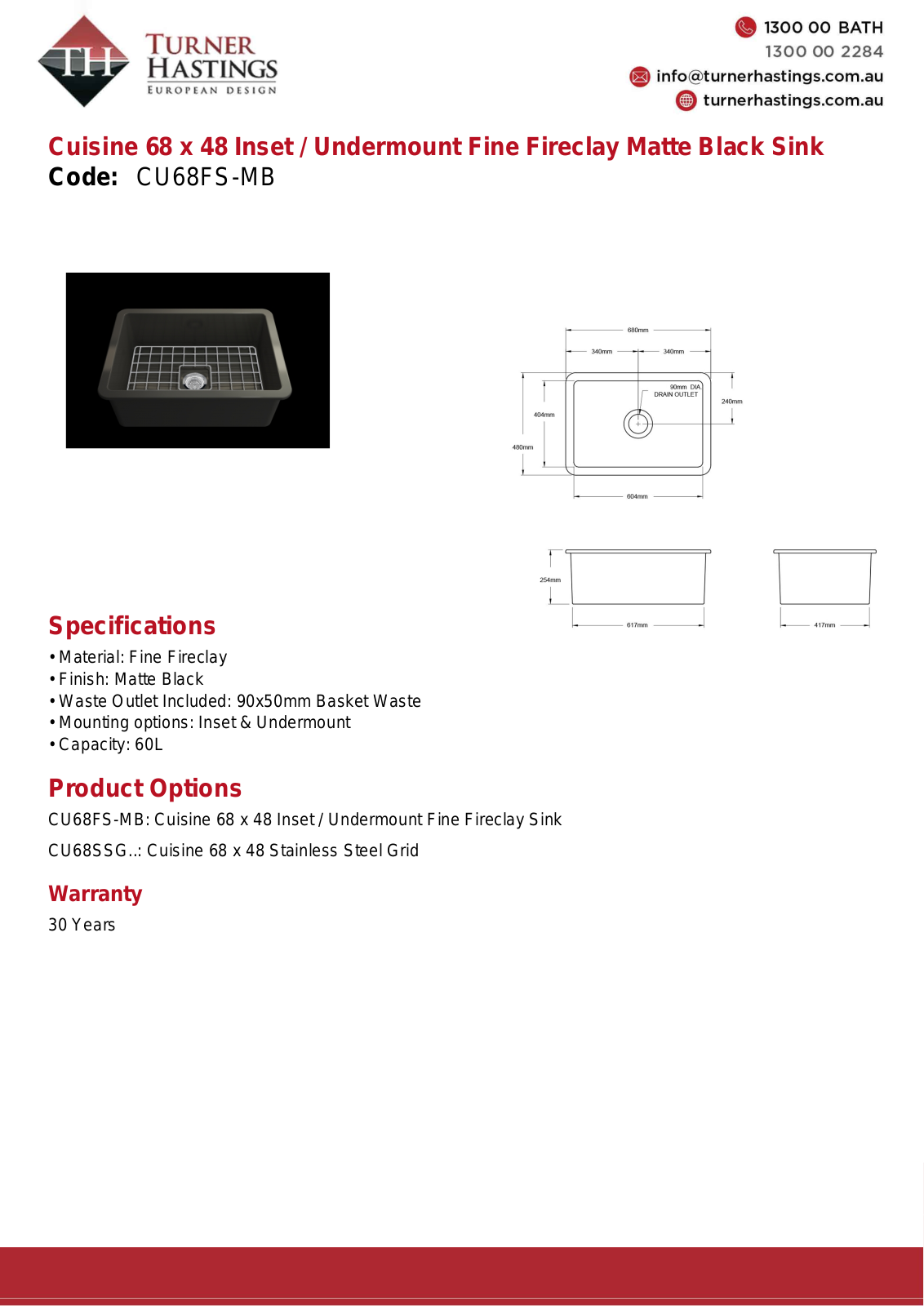 Turner Hastings CU68FS-MB Specifications Sheet