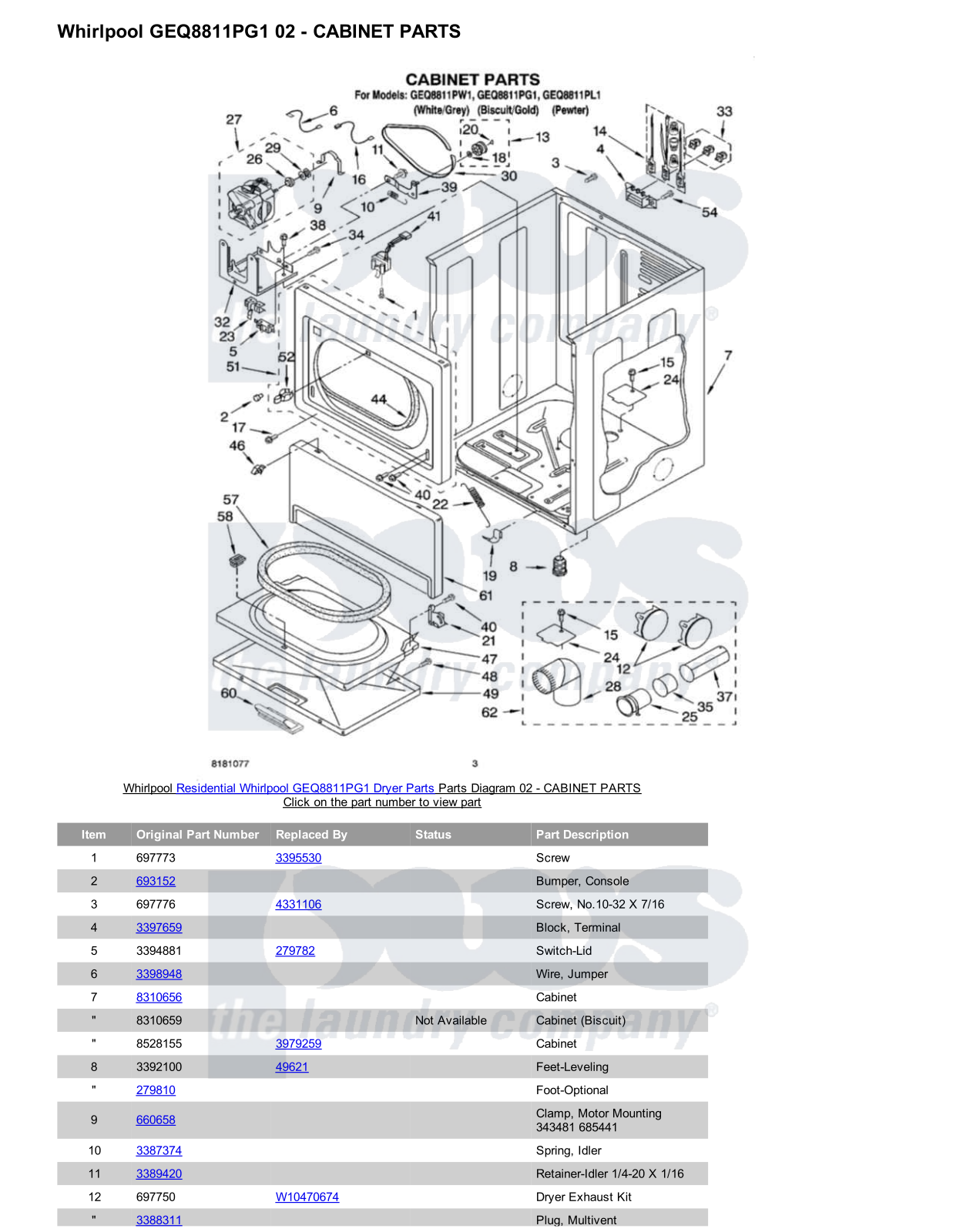 Whirlpool GEQ8811PG1 Parts Diagram