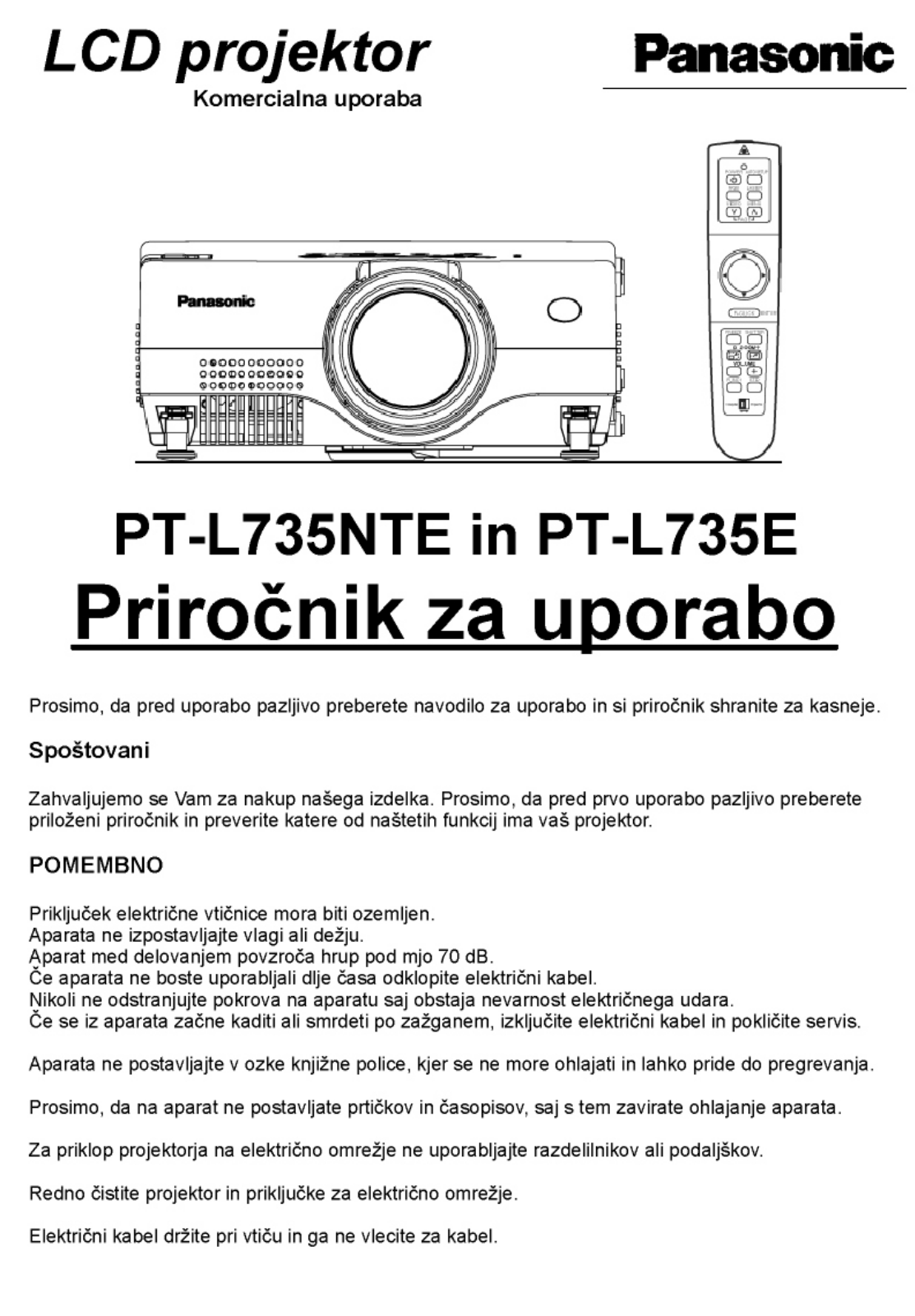 Panasonic PT-L735NTE, PT-L735E User Manual