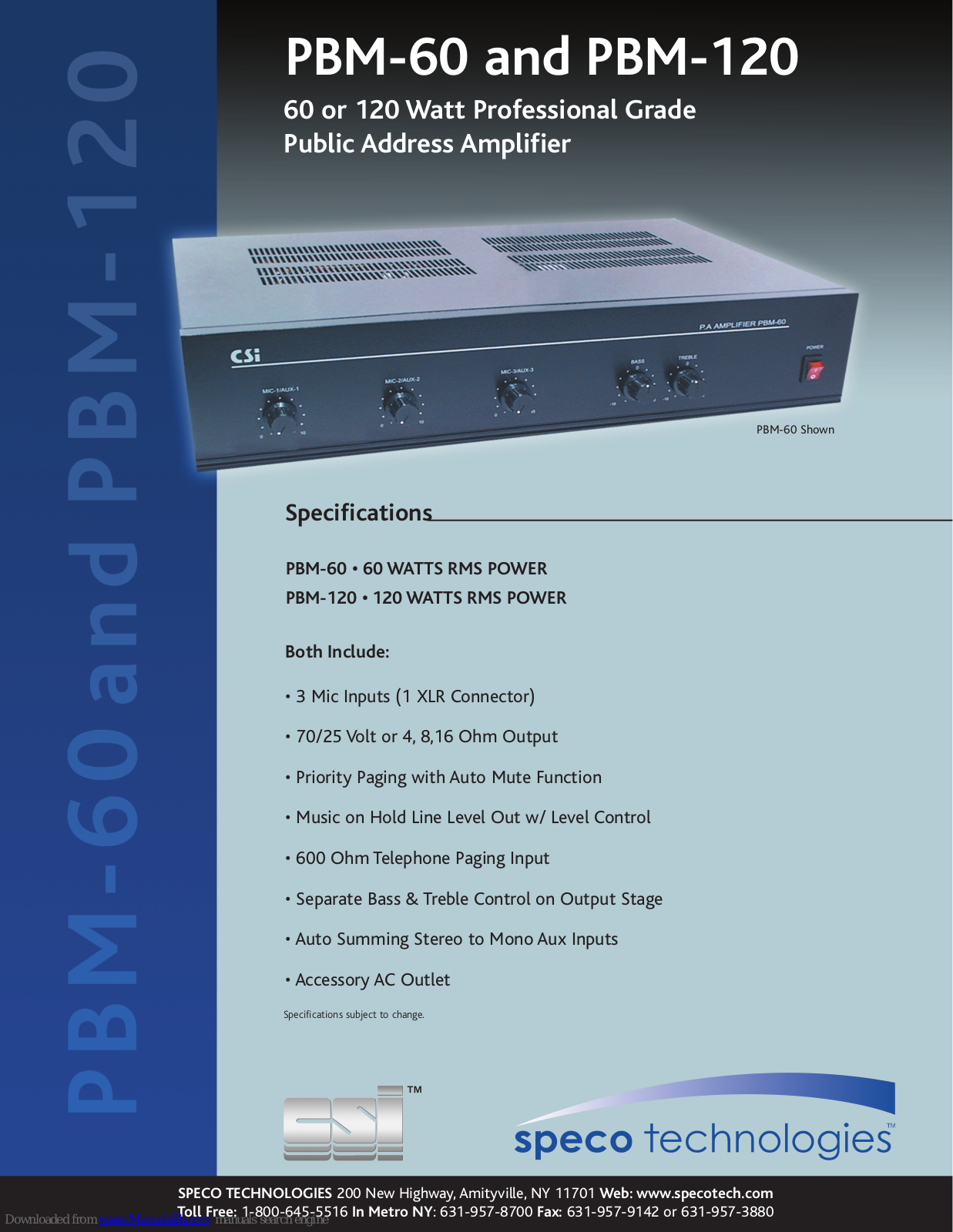 Speco PBM-120, PBM-60, CSI PBM-120, CSI PBM-60 Specification Sheet