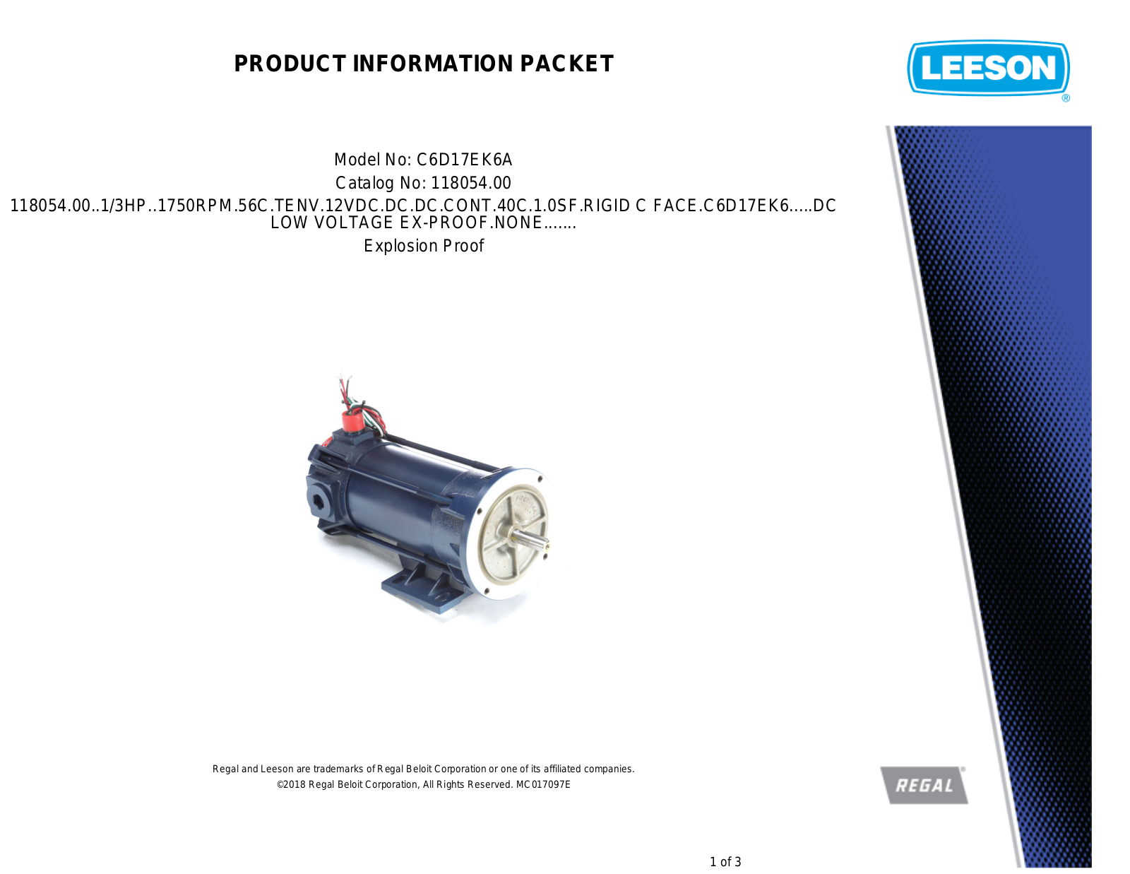 Leeson 118054.00 Product Information Packet