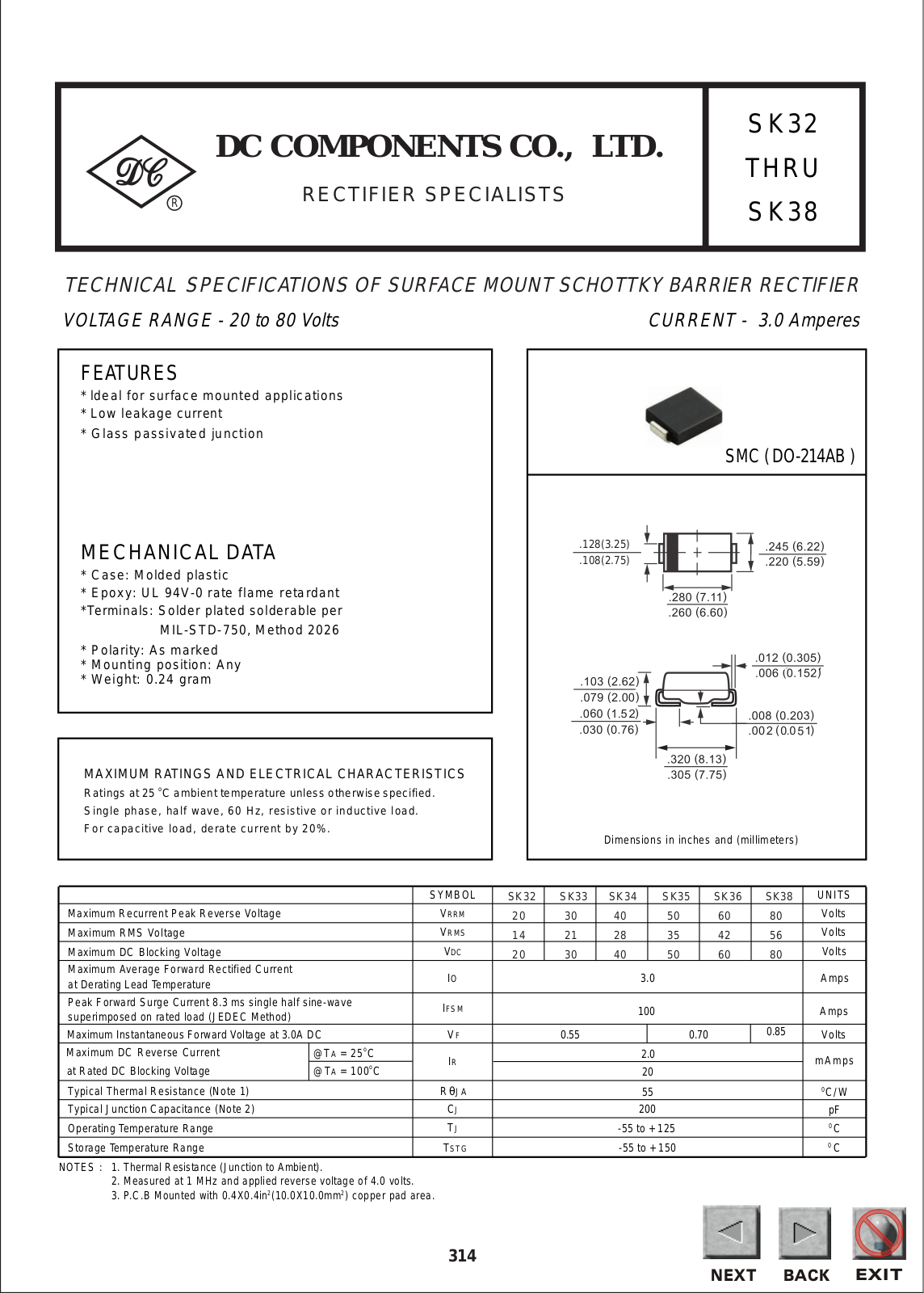 DC COMPONENTS SK35, SK32, SK36, SK33, SK38 Datasheet