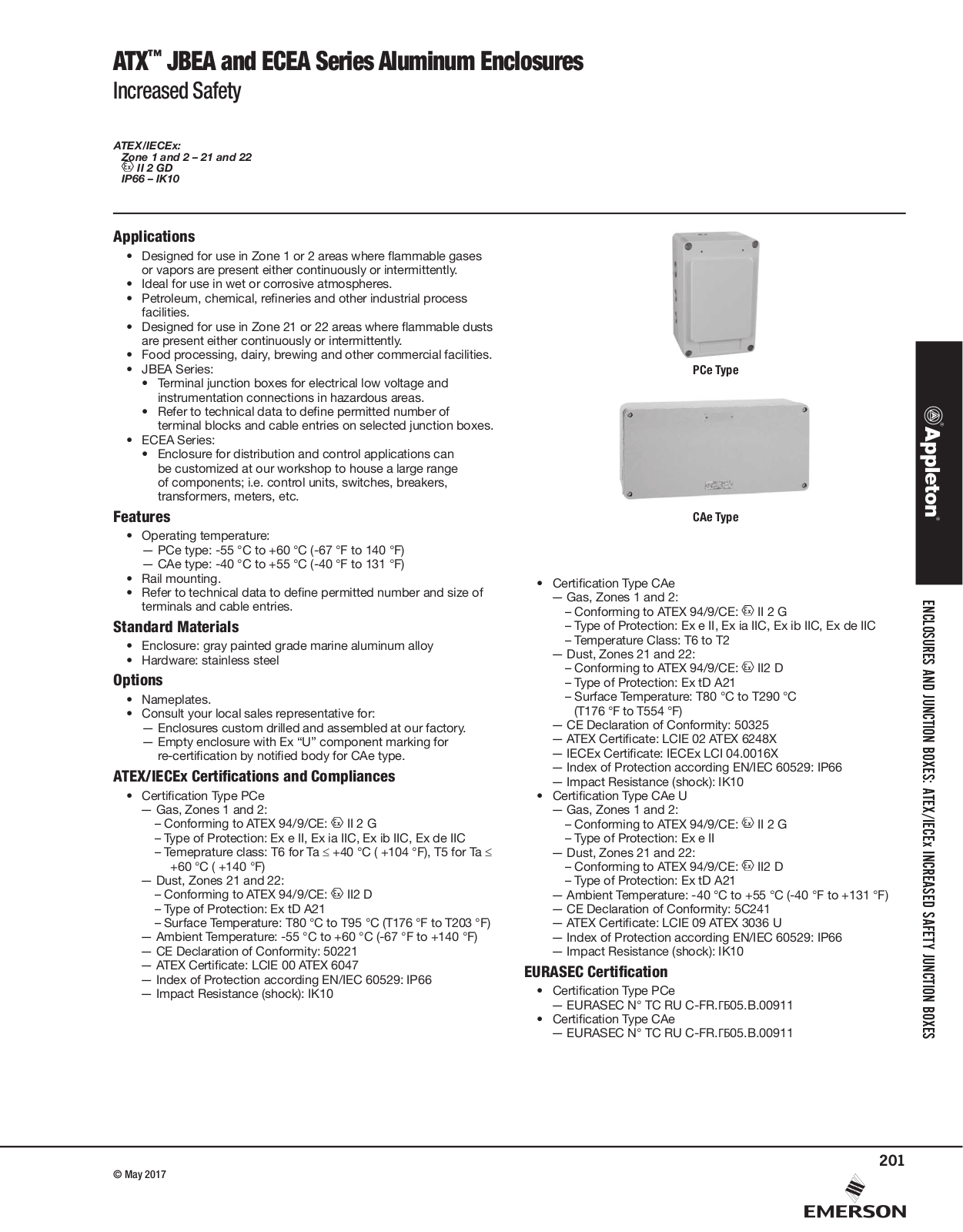 Appleton JBEA Series Aluminum Enclosures, ECEA Series Aluminum Enclosures Catalog Page