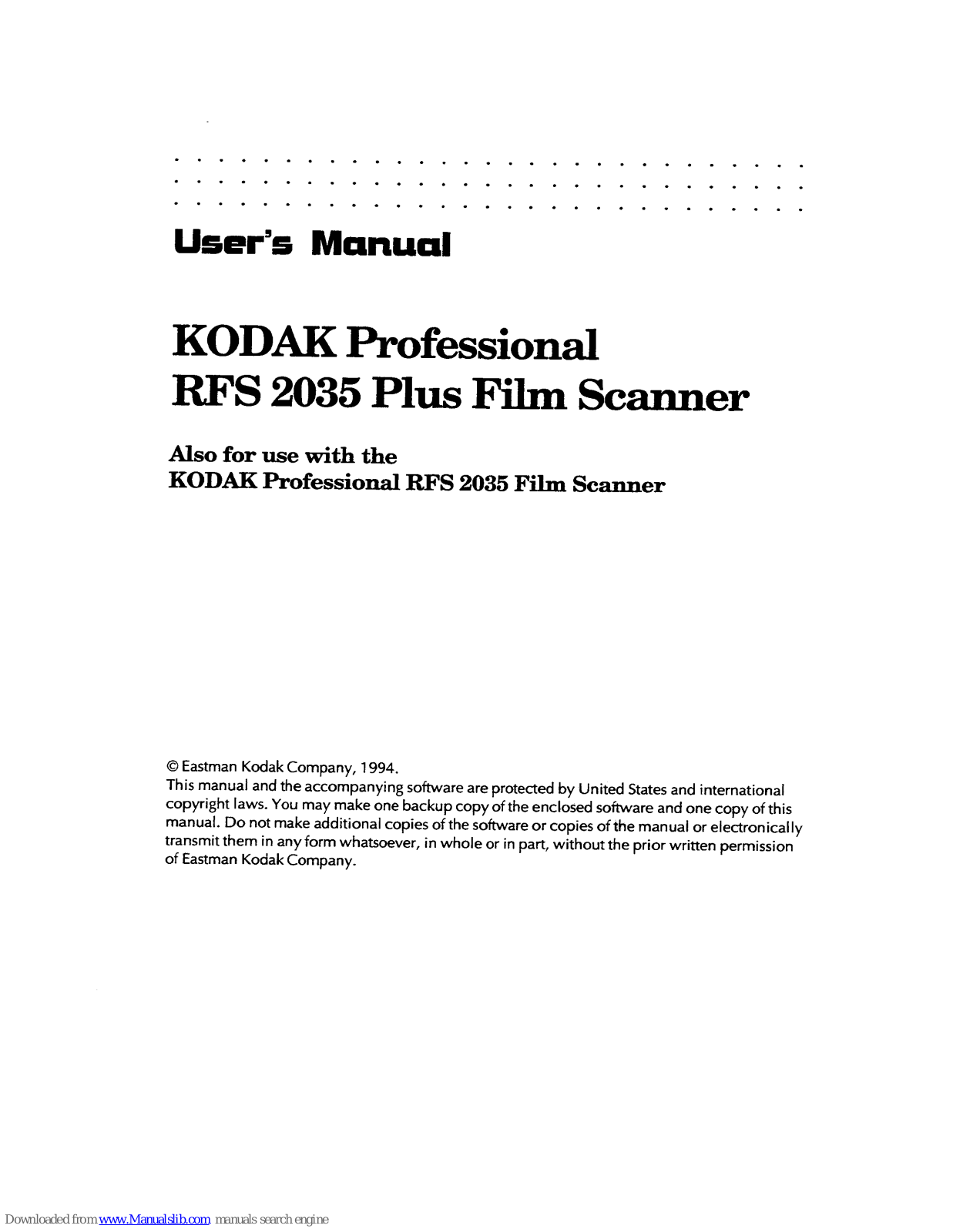 Kodak RFS2035 PLUS FILM SCANNER, Professional RFS 2035 Plus User Manual