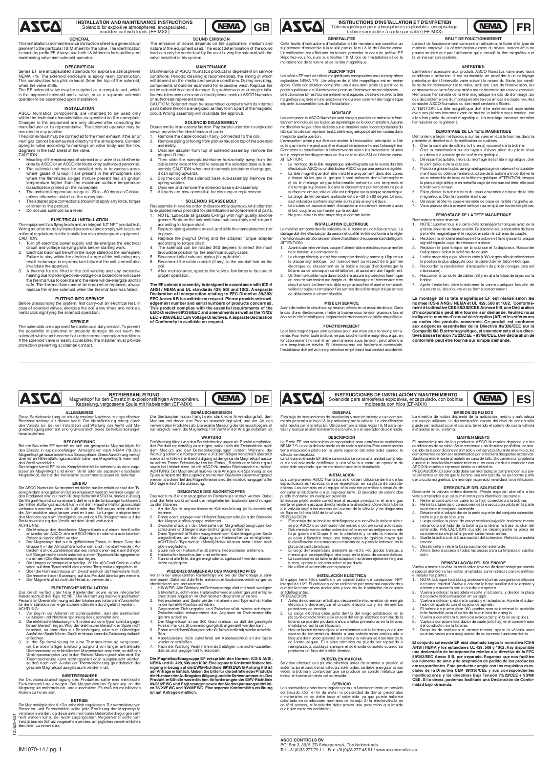 ASCO European Instruction Manual: Series EF Solenoid Valve MXX Threaded Manuals & Guides