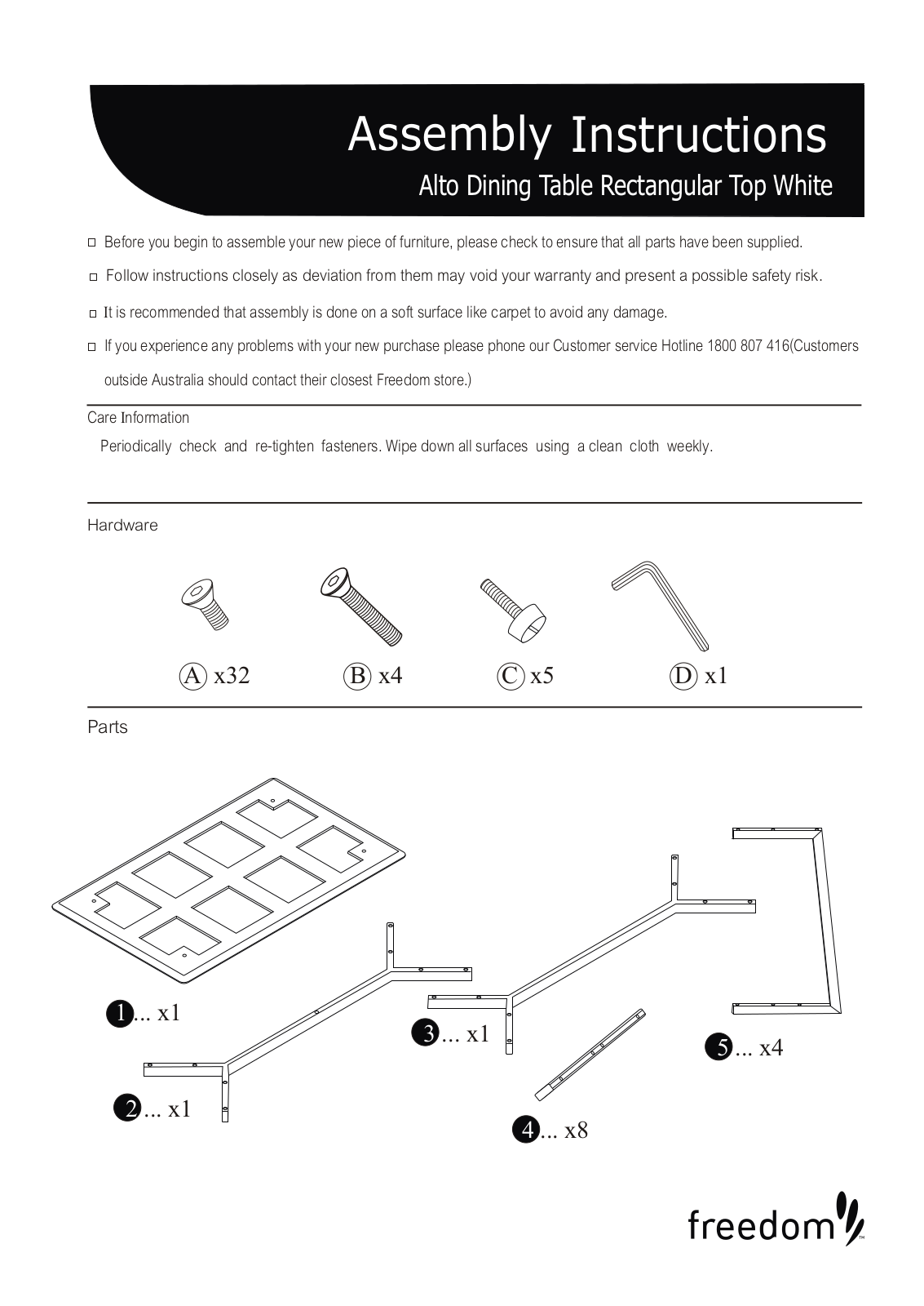 Freedom Alto Dining Table Rectangular Top Assembly Instruction