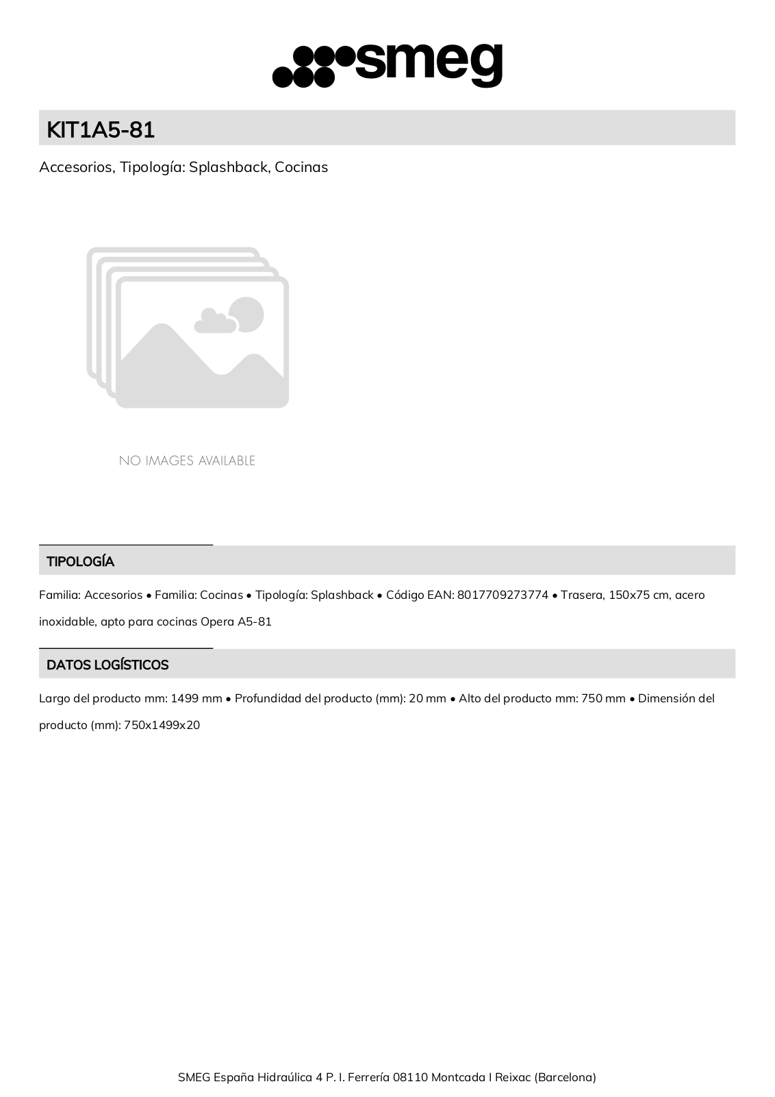 Smeg KIT1A5-81 Product Information Sheet