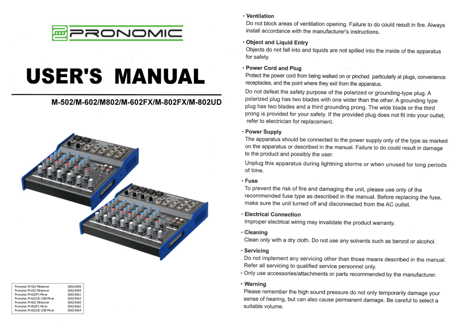 Pronomic M-502, M-602, M802, M-602FX, M-802FX Operating instructions / manual - ManualMachine.com