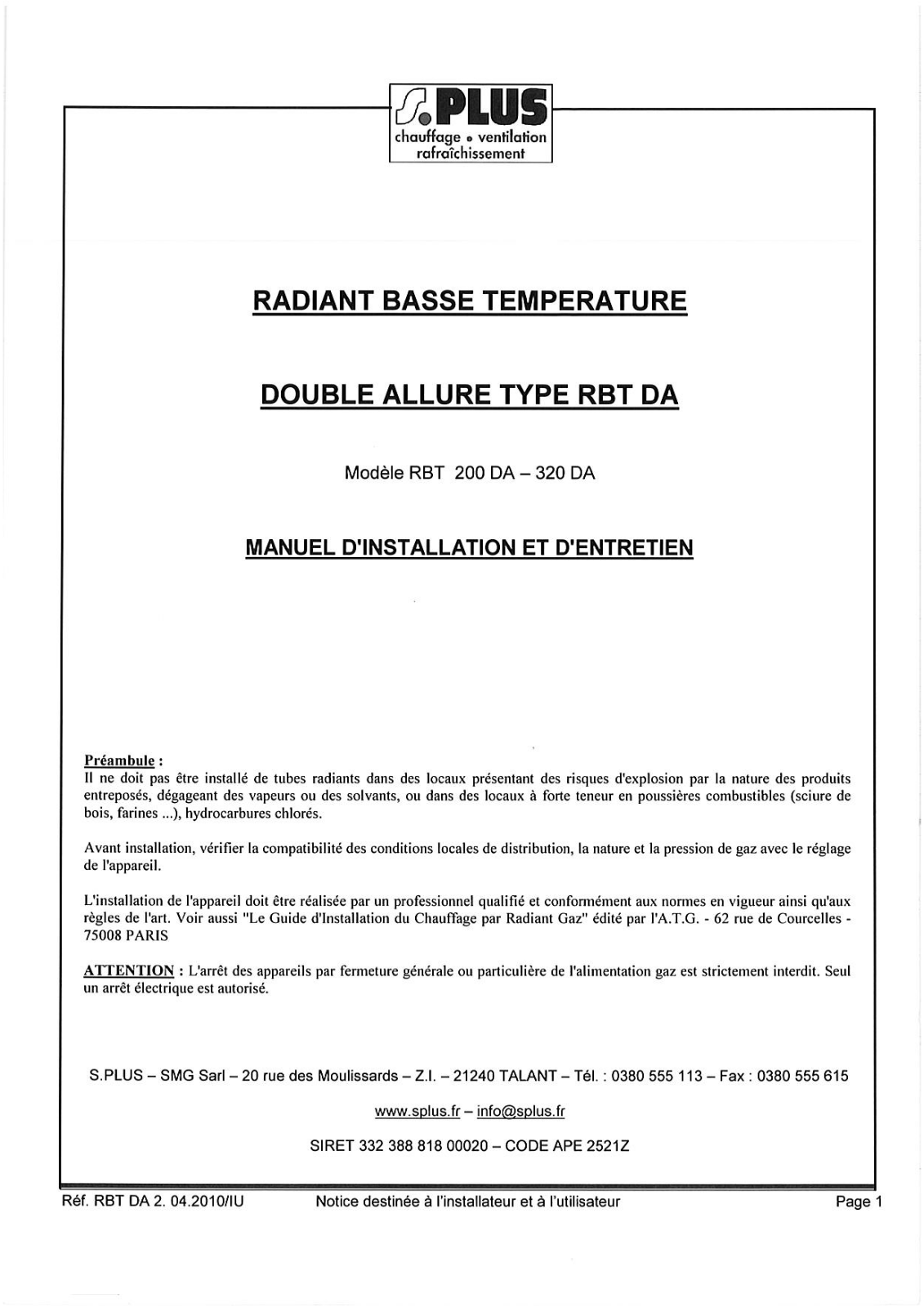 S.PLUS RBT 200 DA, RBT 320 DA User Manual