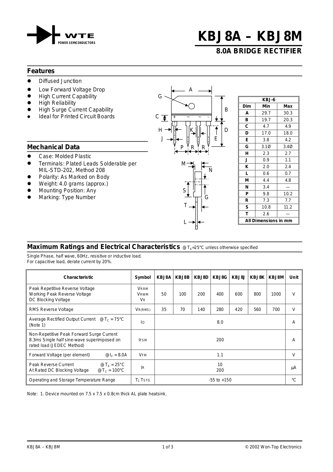 WTE KBJ8M, KBJ8K, KBJ8J, KBJ8G, KBJ8D Datasheet