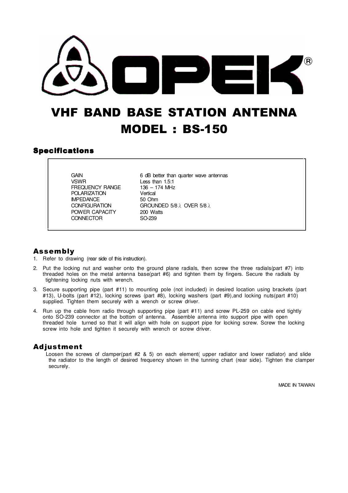 Opek BS-150 Quick Start Manual