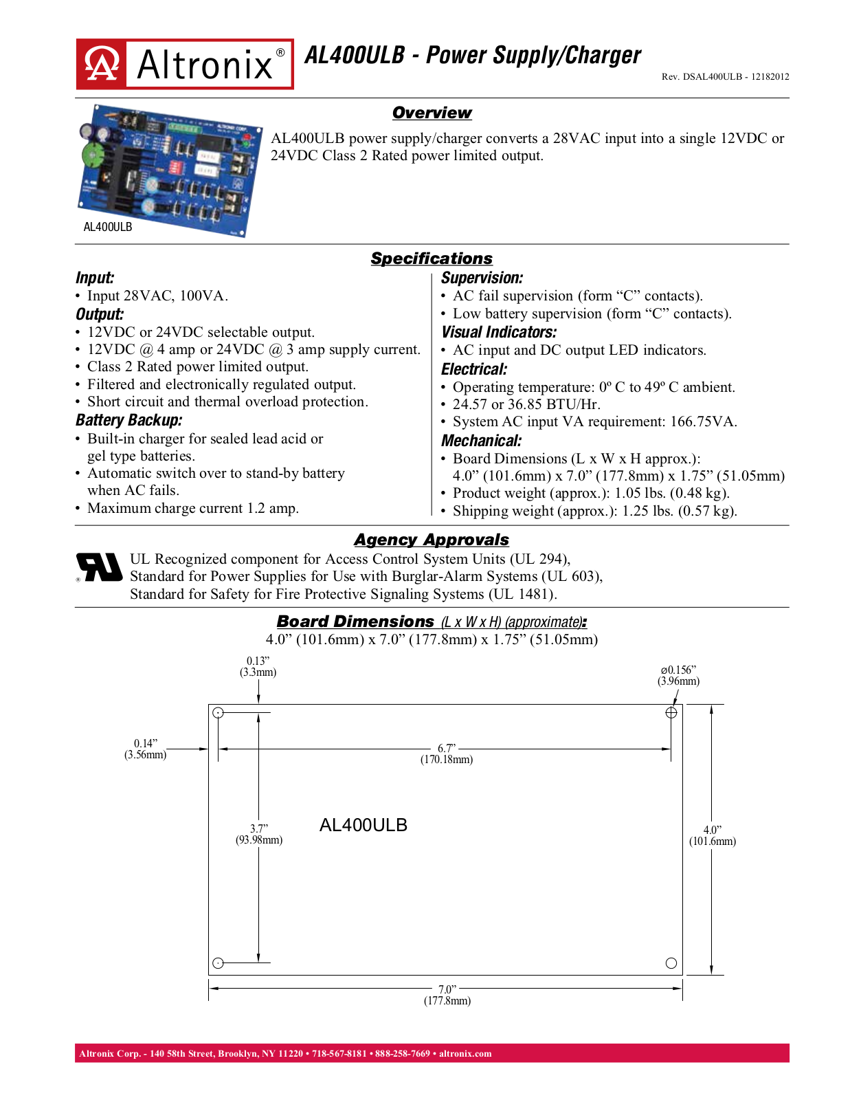 Altronix AL400ULB Specsheet