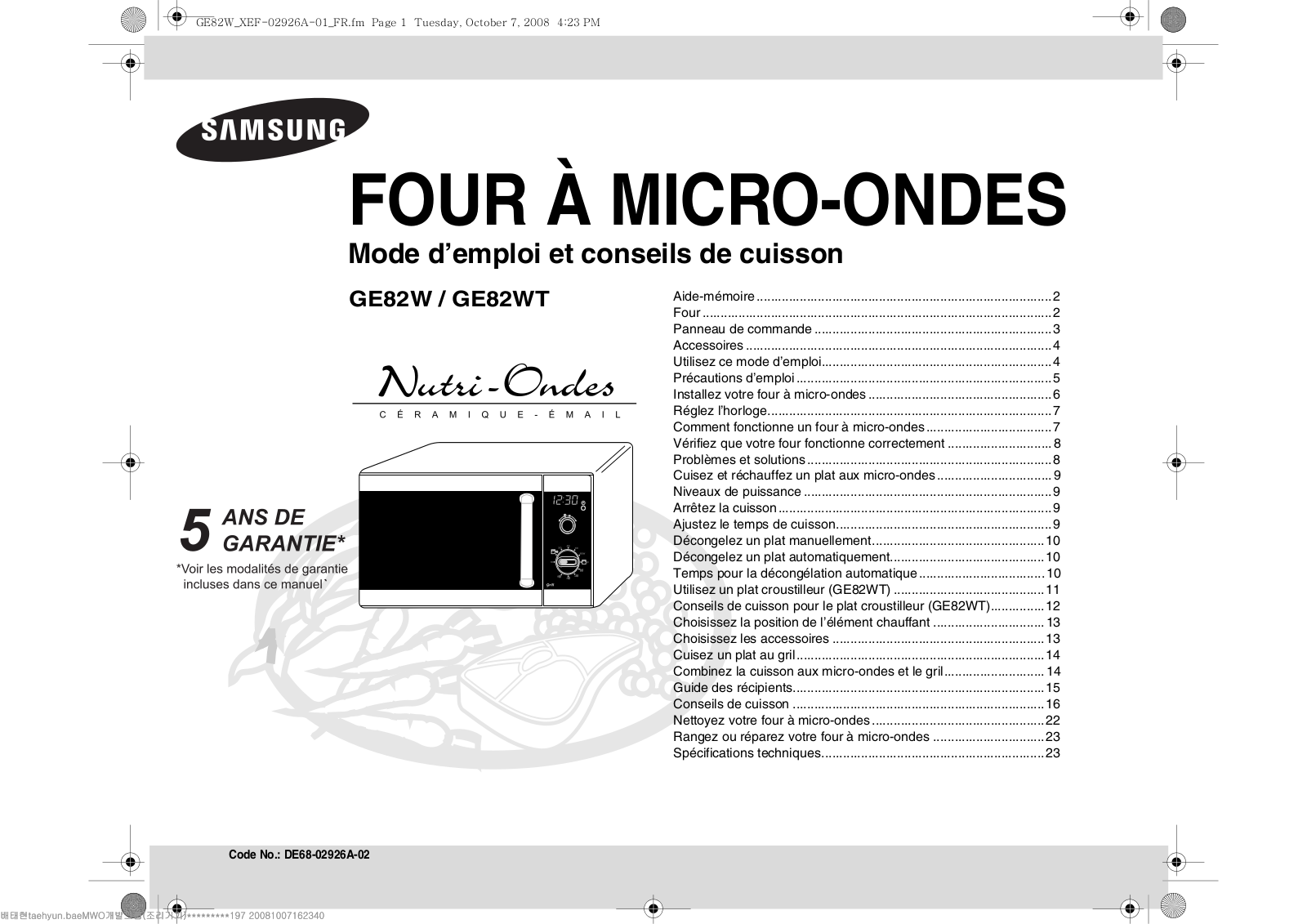 SAMSUNG GE82W, GE82WT User Manual