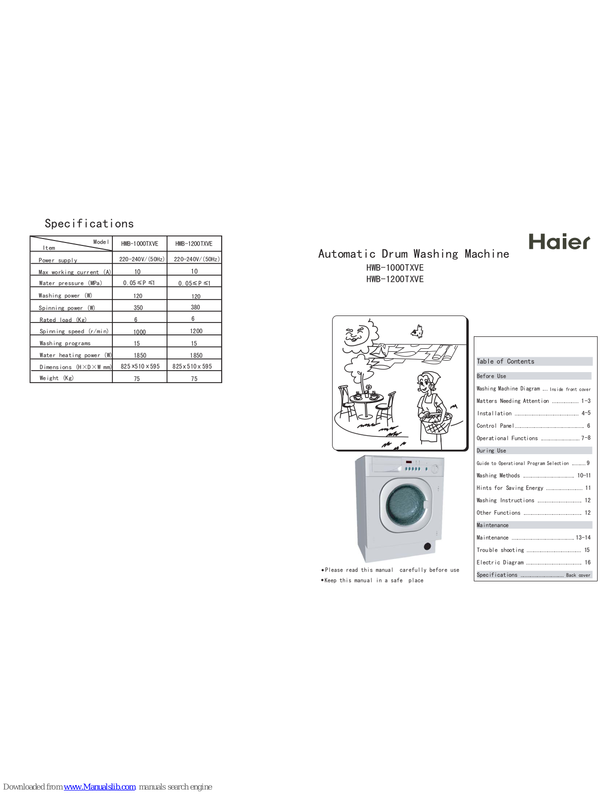 Haier HWB-1000TXVE, HWB-1200TXVE User Manual