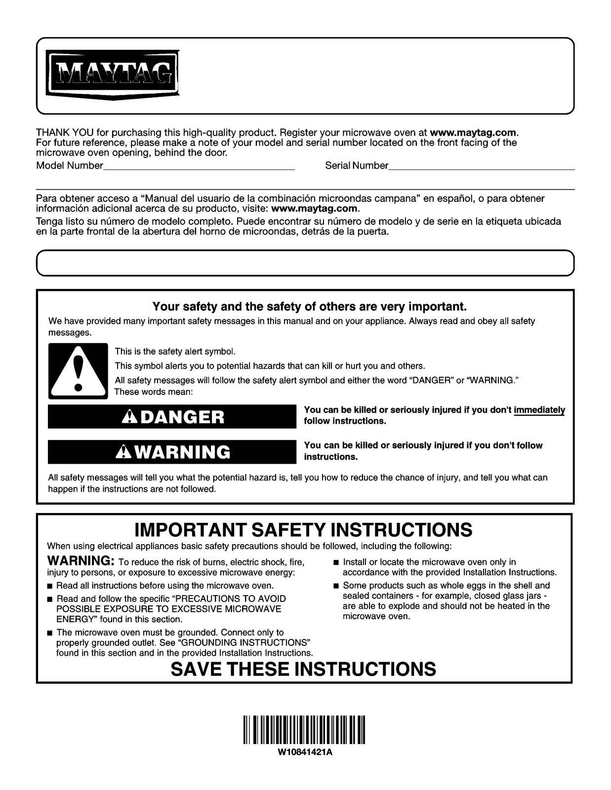 Maytag MMV4206HK1, MMV4206HK0, MMV4206FZ6, MMV4206FZ4, MMV4206FZ3 Owner’s Manual