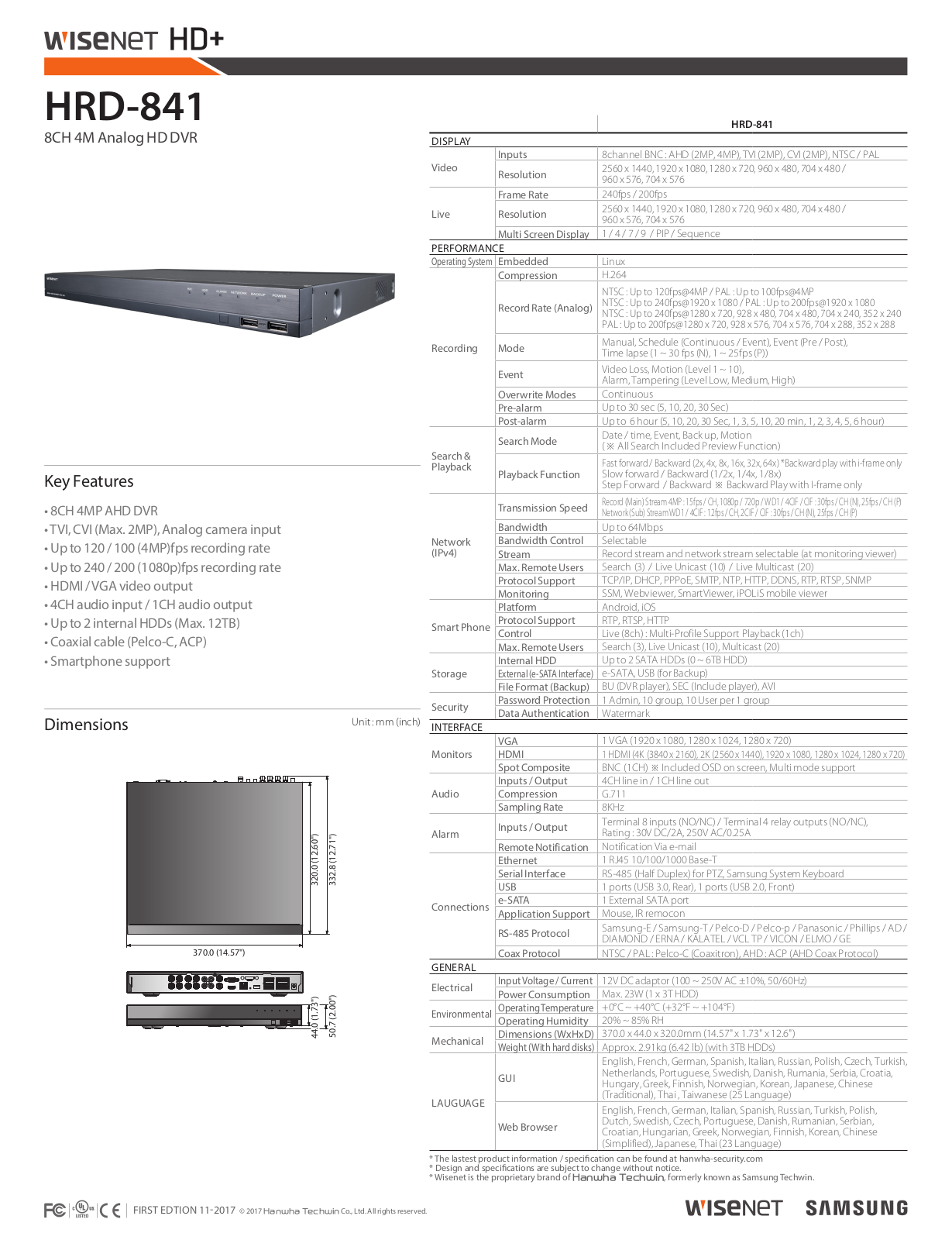 Samsung HRD-841 Specsheet