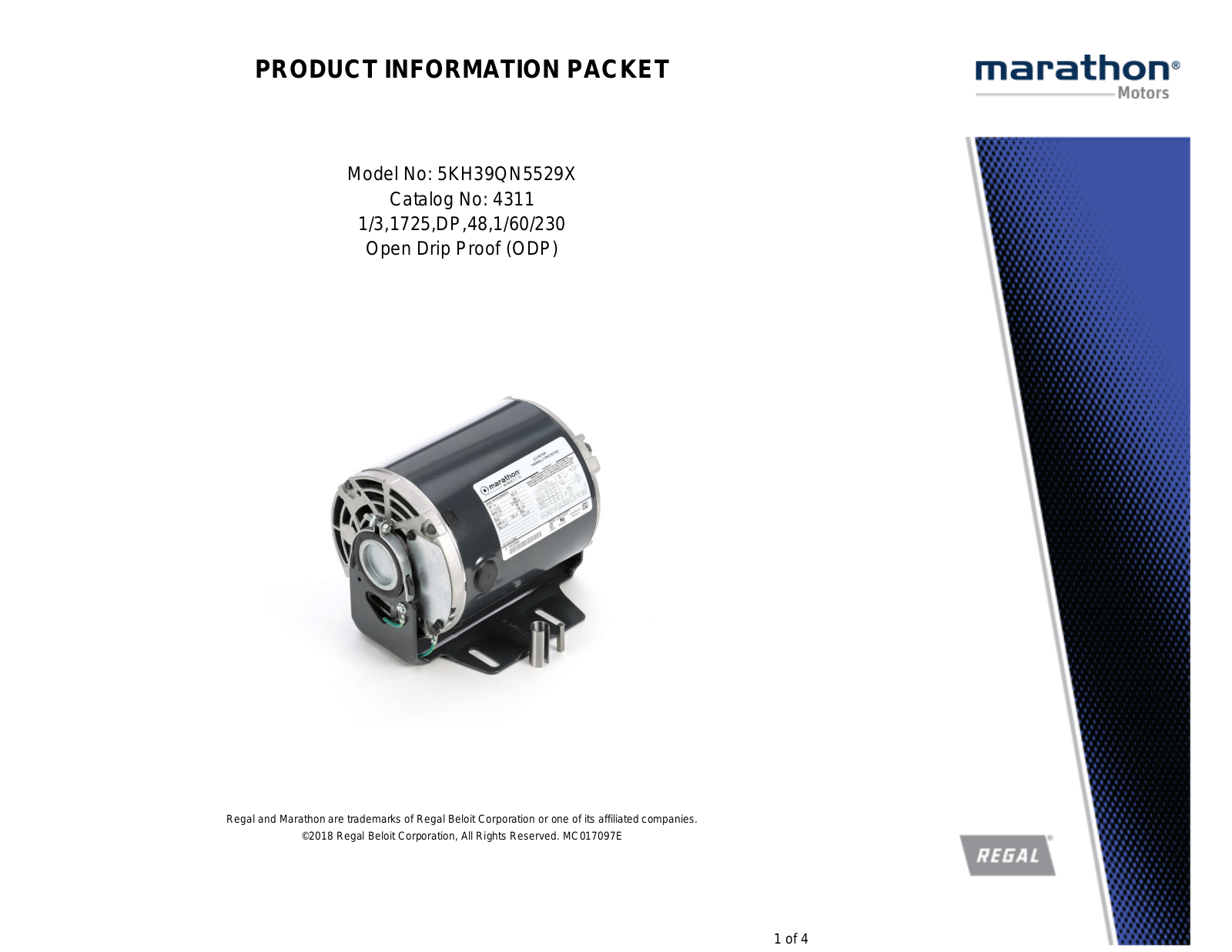 Marathon Electric 5KH39QN5529X Product Information Packet