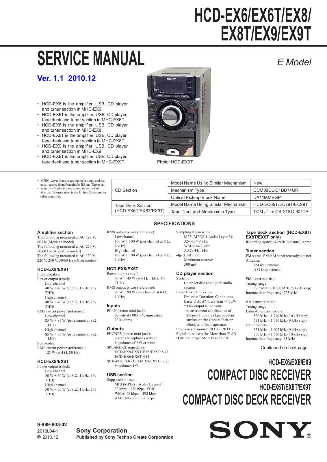 Sony HCD-EX8T, HCD-EX9T, HCD-EX9, HCD-EX8, HCD-EX6 User Manual