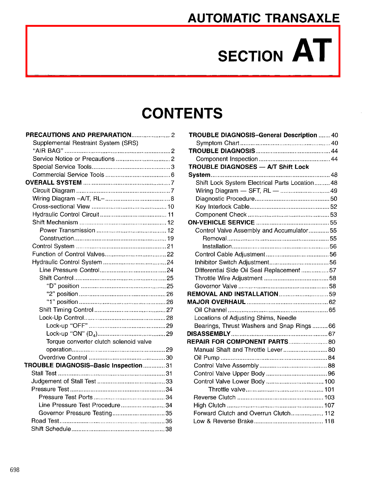 Nissan Sentra Automatic Transmission  AT 1998 Owner's Manual