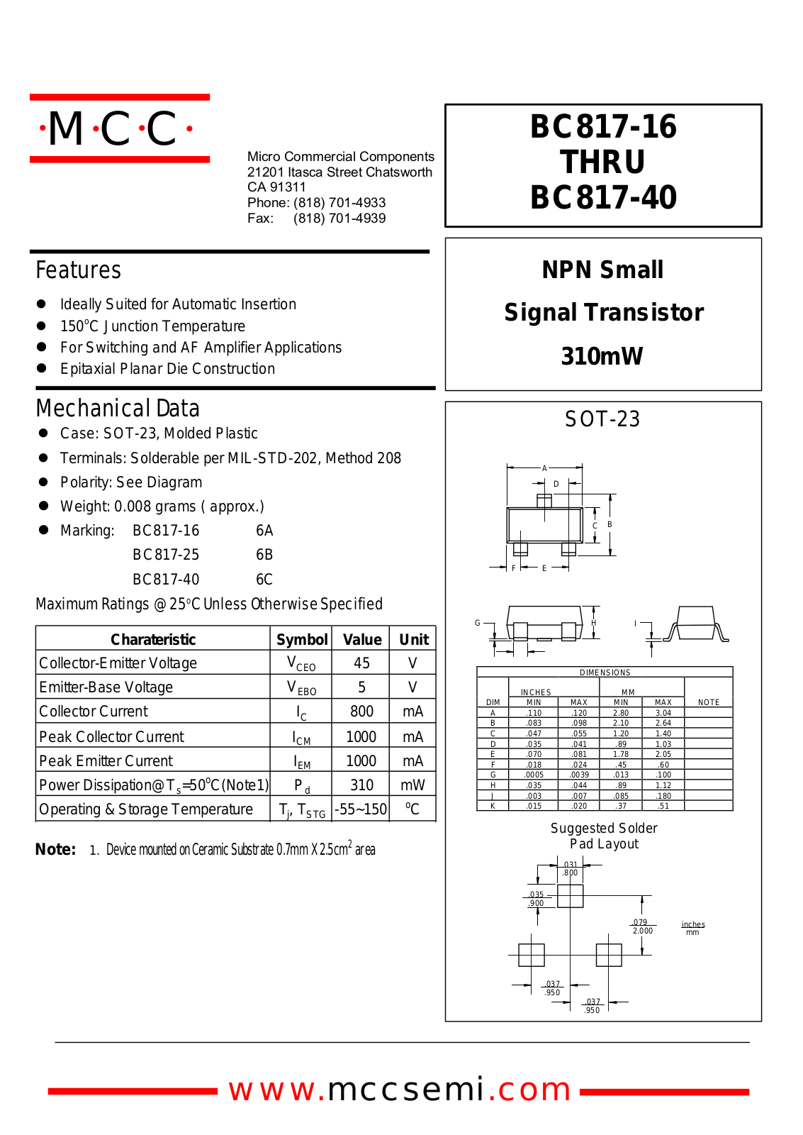 MCC BC817-40, BC817-16 Datasheet